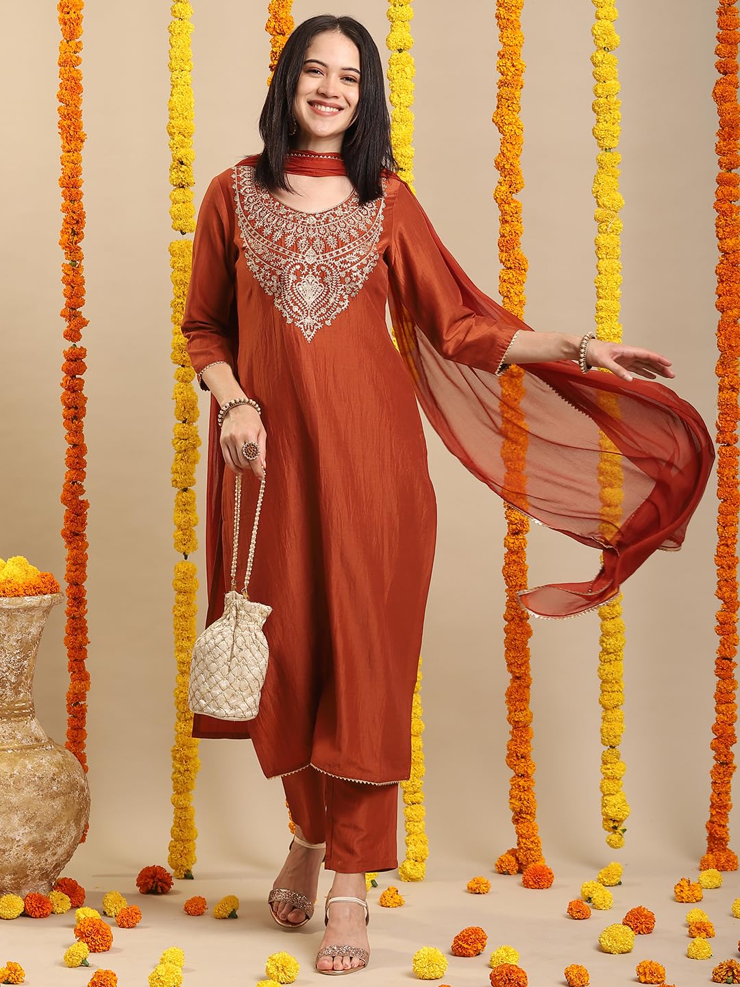 Royal Ethnic Womens Rayon Viscose Embroidered Straight Kurta with Pant Dupatta Elegant Designer Ethnic Festive Outfit Look