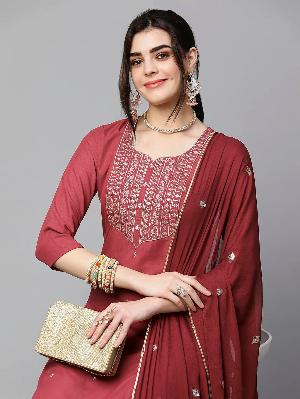 Royal Ethnic Womens Cotton Blend Embroidered Kurta Set with Pant Dupatta Elegants Calf Length Ethnic Outfit Dress - Royal Ethnic