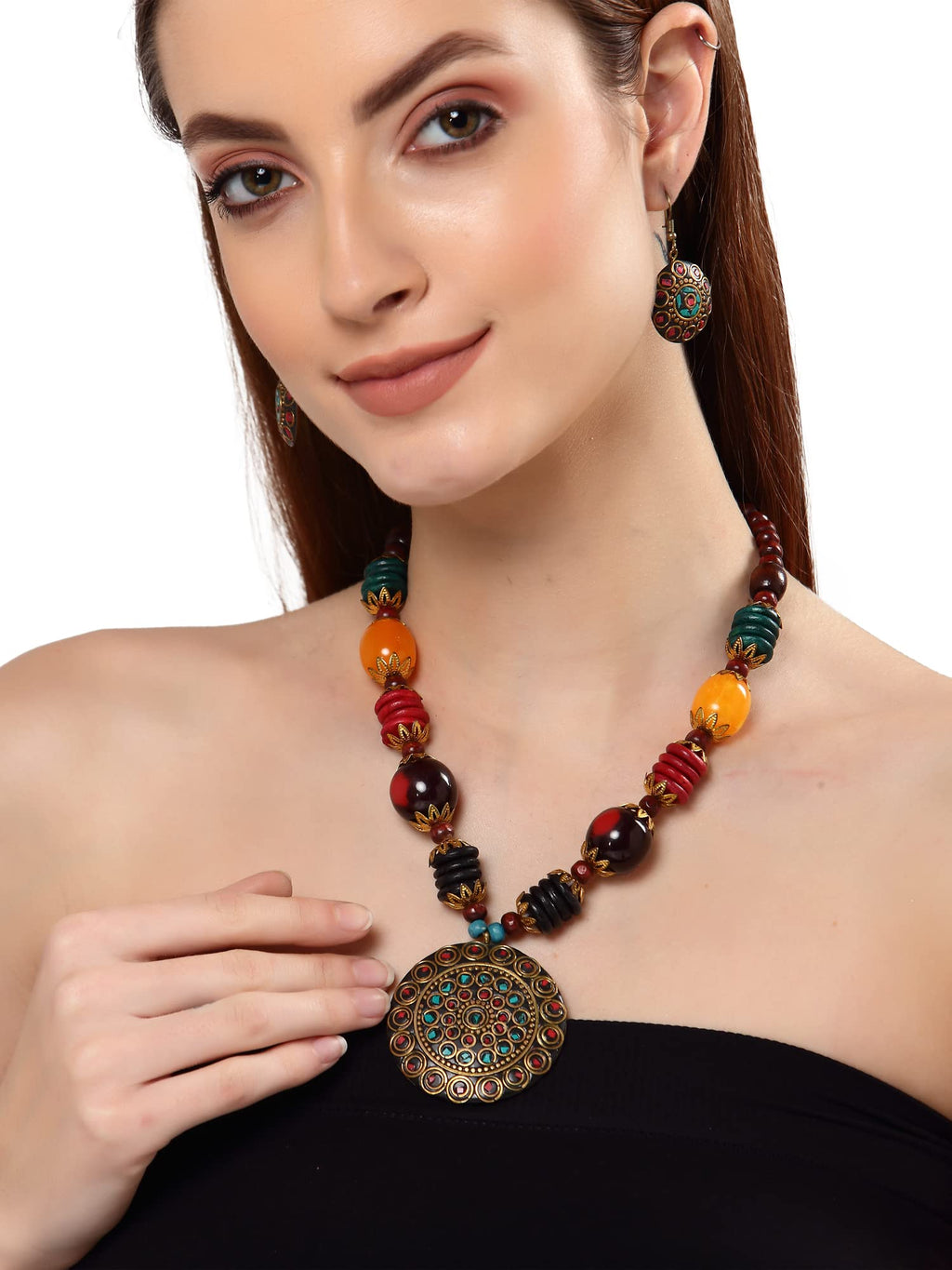 Royal Ethnic | Women's Tibetan Pendant Necklace Set | Traditional Oxidised Finish | Stylish Ethnic Jewellery | Festive - Royal Ethnic