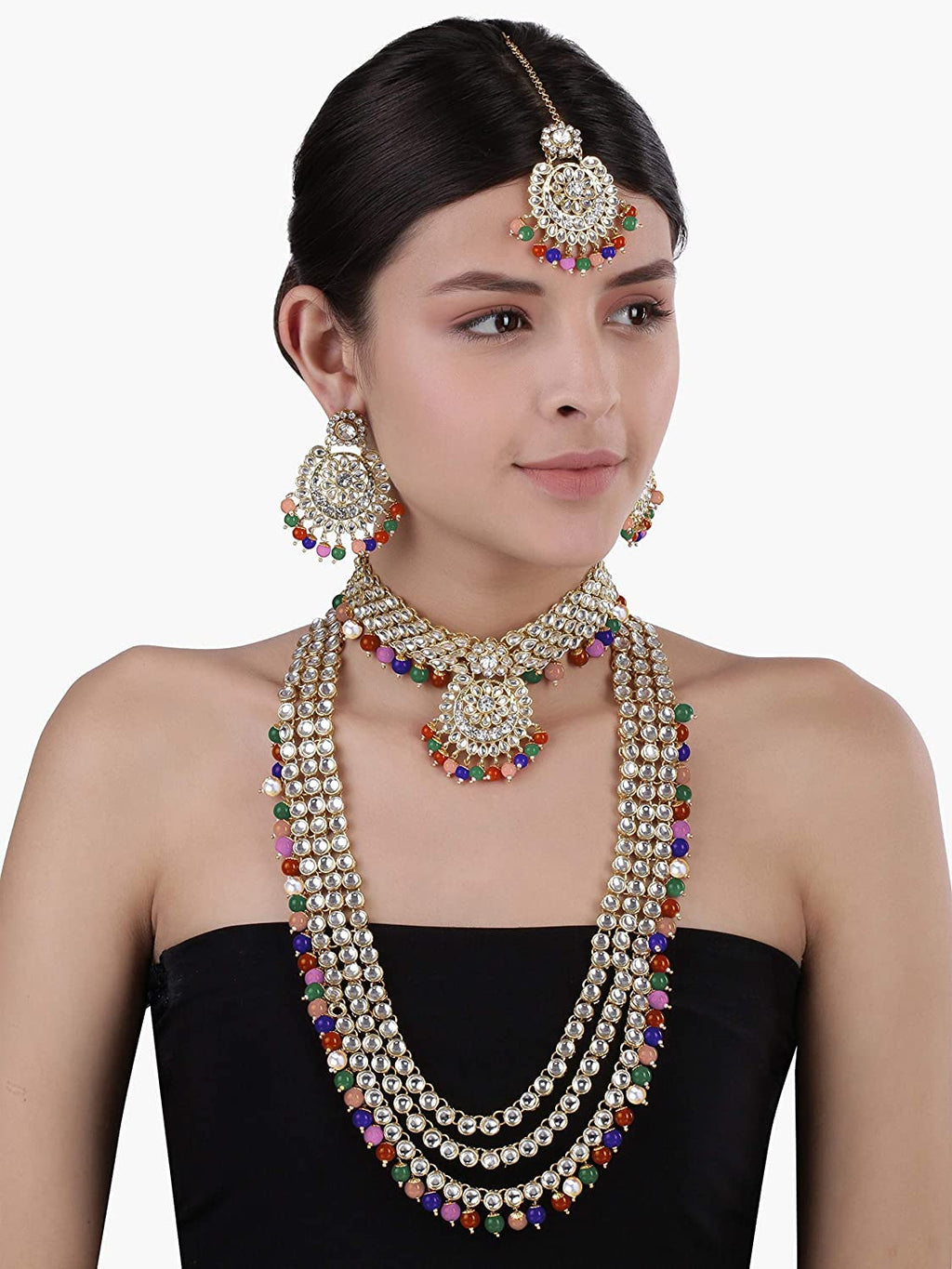 Royal Ethnic Traditional 18K Gold Plated Kundan & Pearl Studded Bridal Choker Necklace Set with Earrings & Maang Tikka - Royal Ethnic