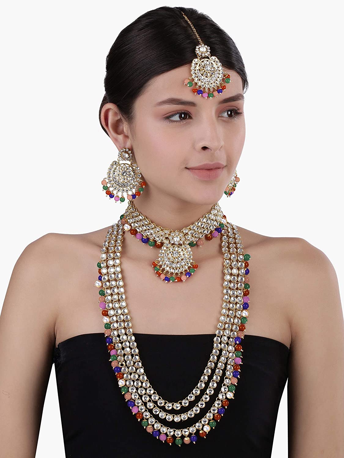 Royal Ethnic Traditional 18K Gold Plated Kundan & Pearl Studded Bridal Choker Necklace Set with Earrings & Maang Tikka - Royal Ethnic