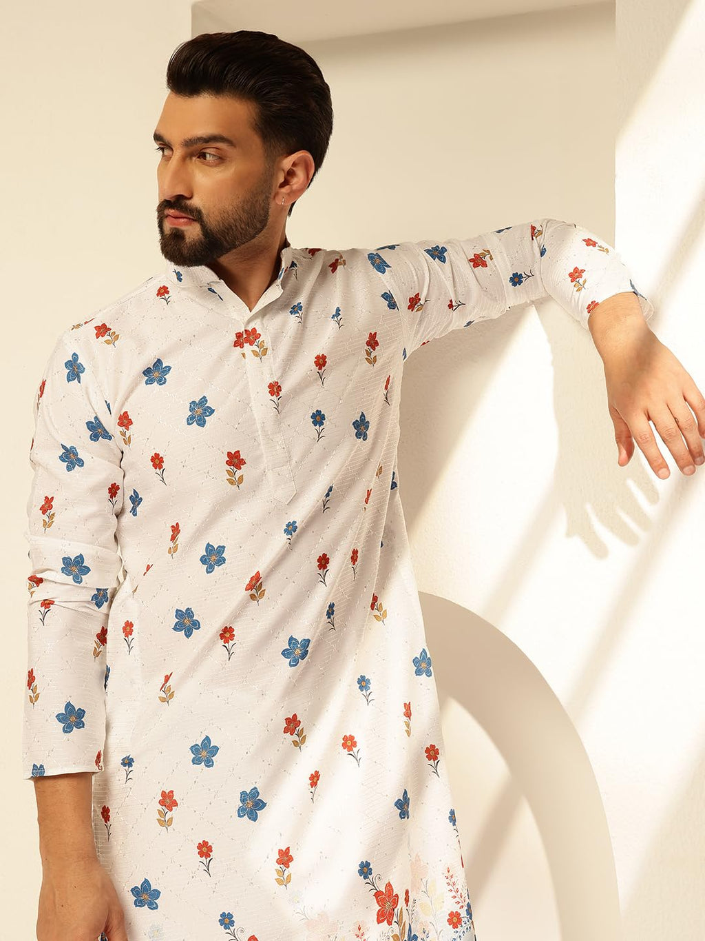 SOJANYA (Since 1958 Raksha Bandhan Special Men's Cotton Kurta Pyjama with Daman Print & Krochet Embroidery