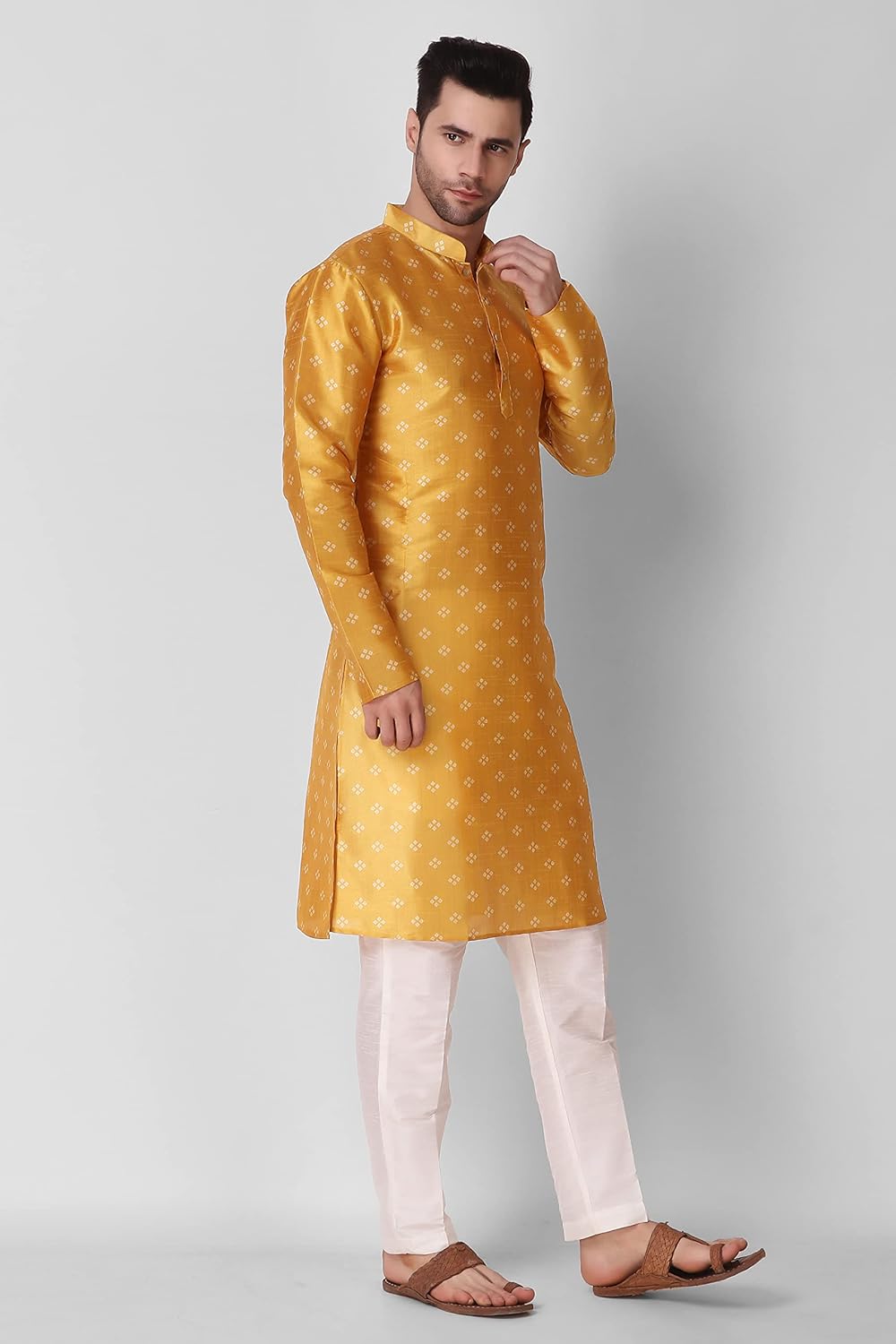 Royal Ethnic | Men's Printed Art Silk Kurta | Square Digital Print | Full Sleeves | Festive & Wedding Wear | Elegant Fit - Royal Ethnic