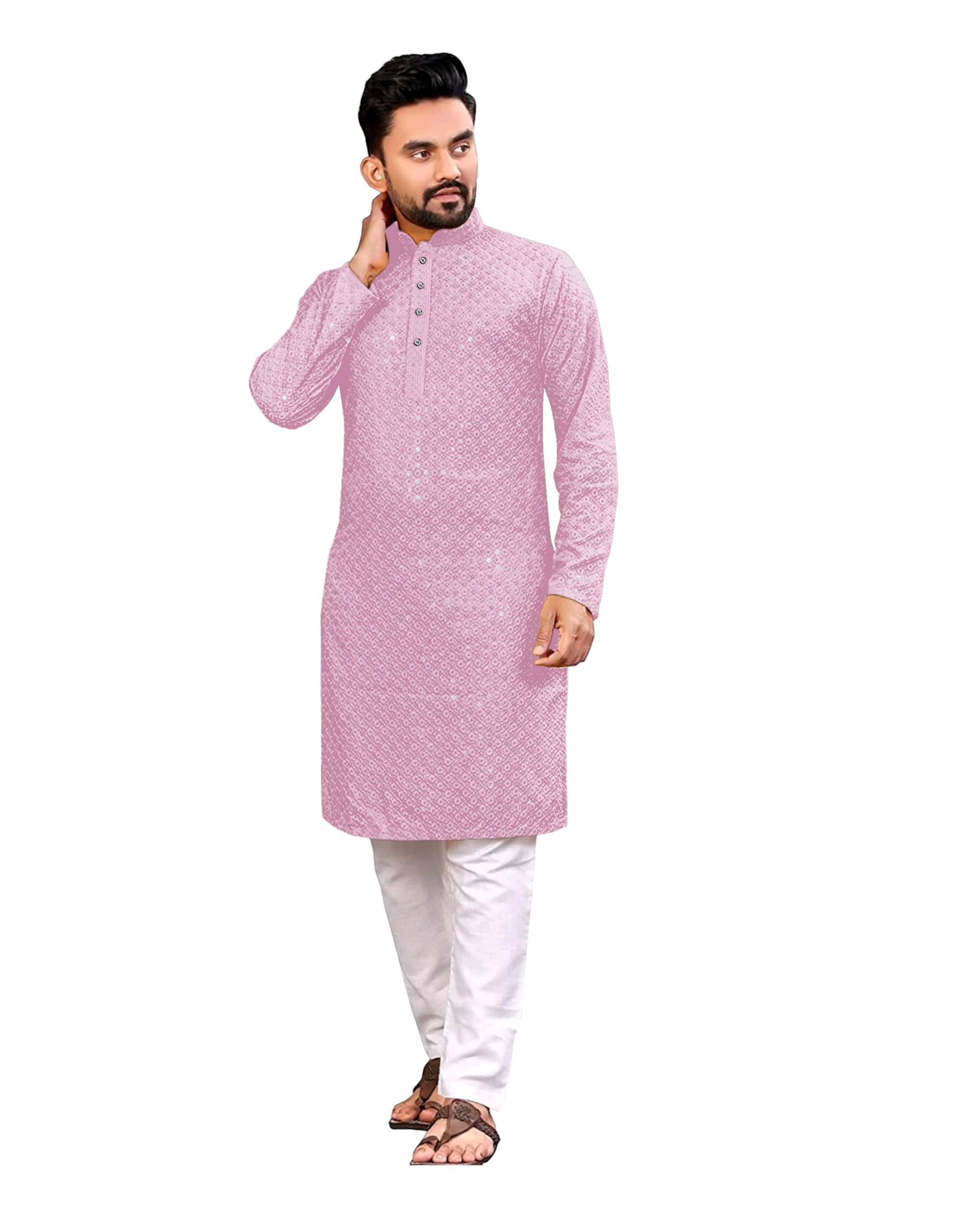 Royal Ethnic | Men's Straight Lucknowi Kurta | Indian Ethnic Wear | Embroidered Cotton | Full Sleeves | Regular Fit - Royal Ethnic