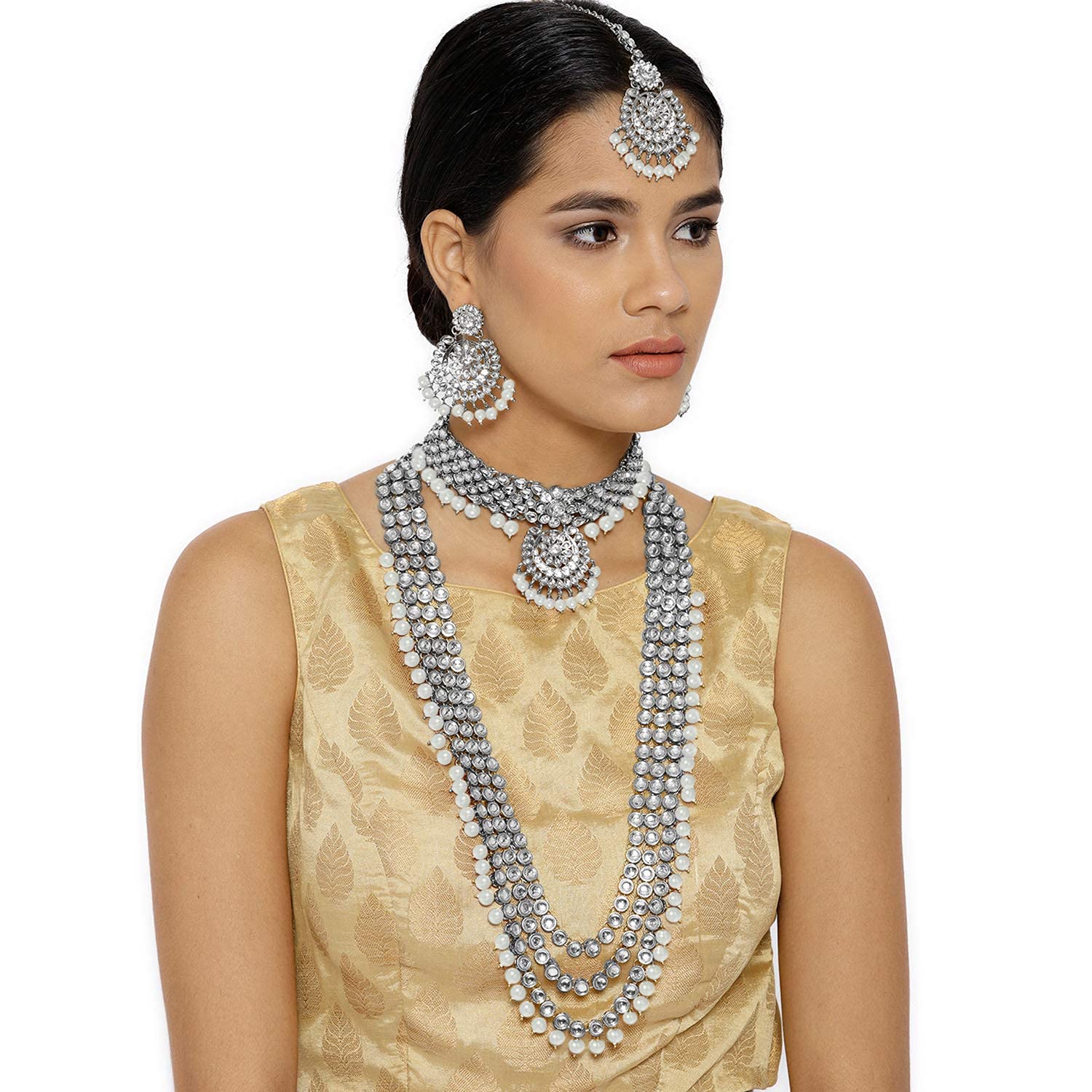 Royal Ethnic Traditional 18K Gold Plated Kundan & Pearl Studded Bridal Choker Necklace Set with Earrings & Maang Tikka - Royal Ethnic
