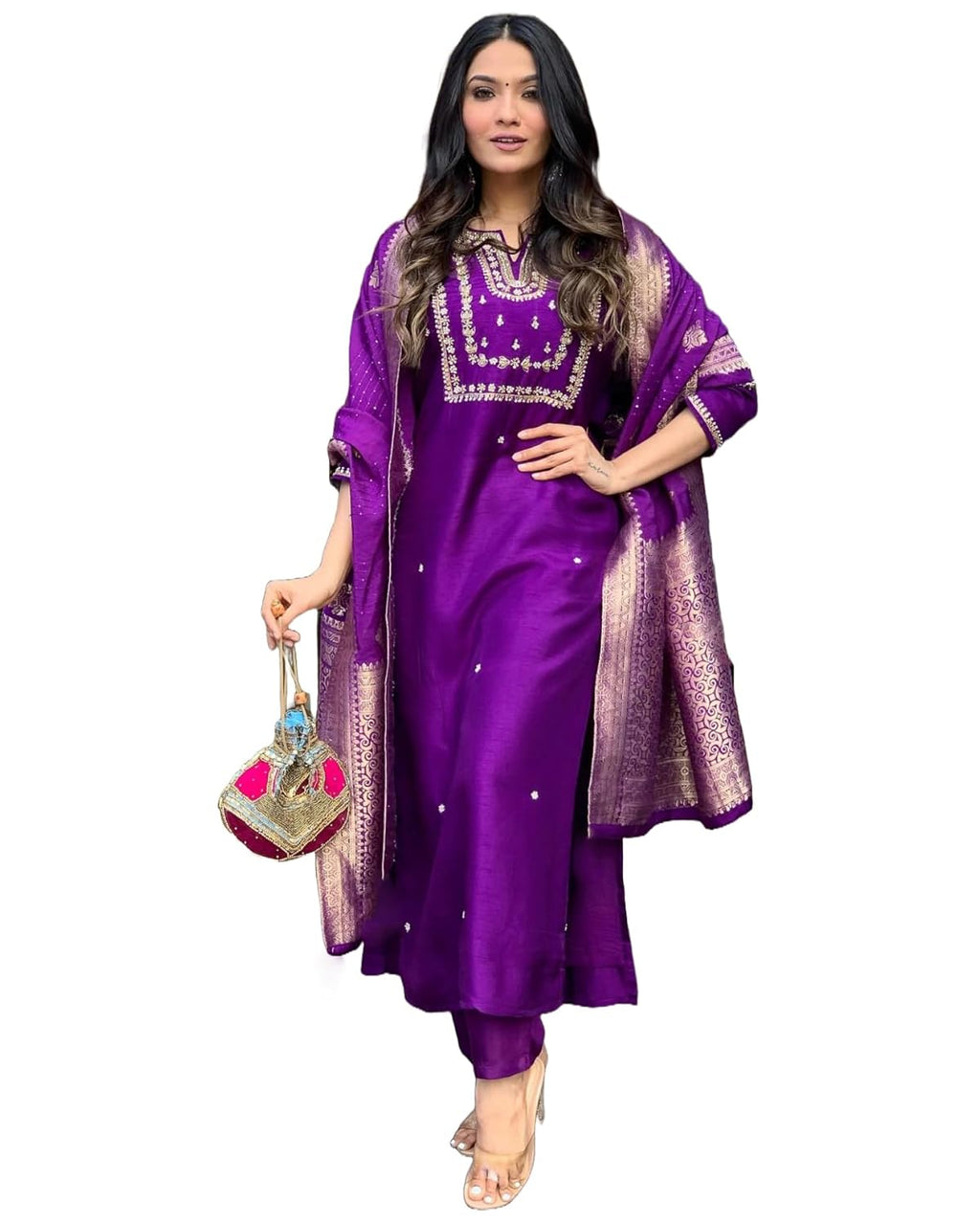 Women's Silk Blend Straight Embroidered Kurta with Pant & Dupatta