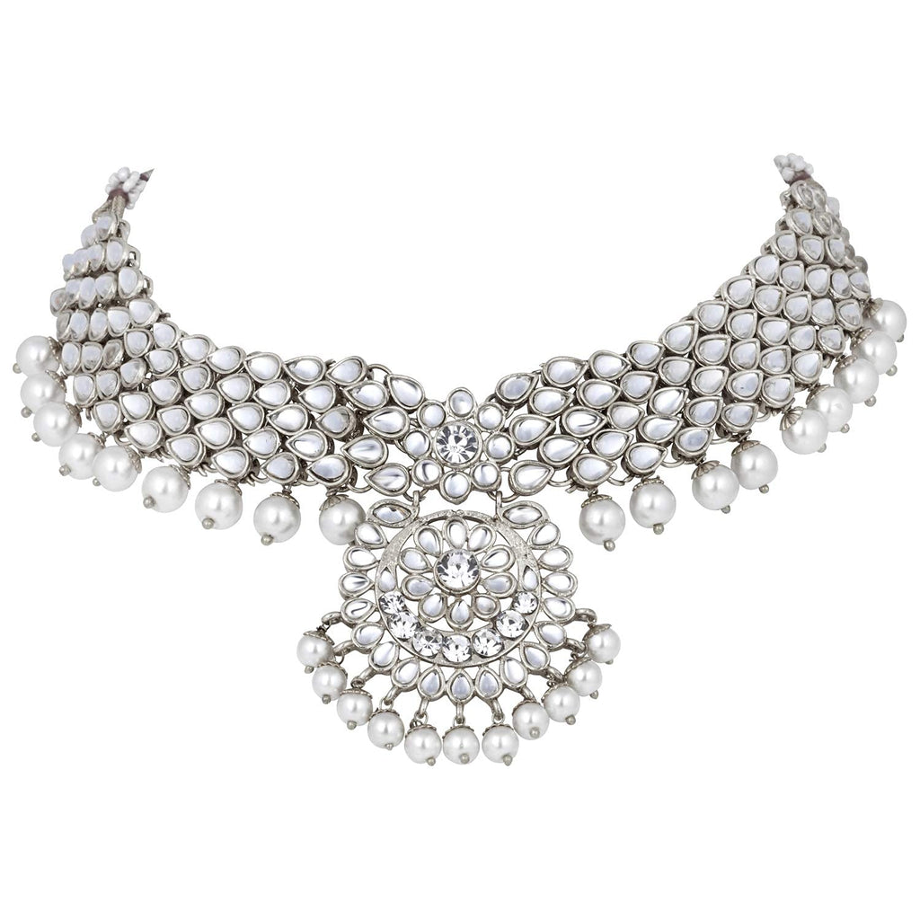 Royal Ethnic Traditional 18K Gold Plated Kundan & Pearl Studded Bridal Choker Necklace Set with Earrings & Maang Tikka - Royal Ethnic