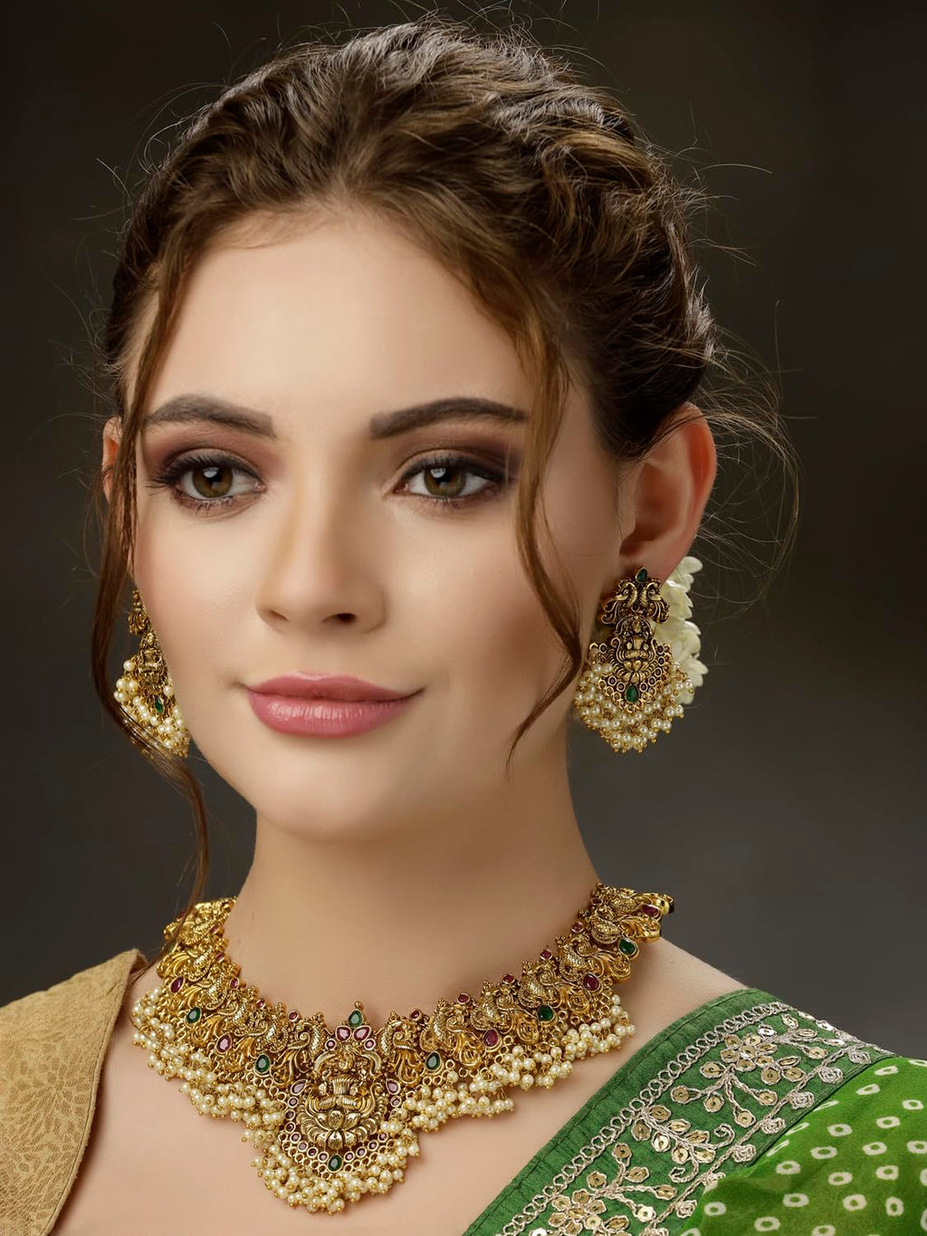 Royal Ethnic | Women's Pearl Choker Temple Necklace Set | 22k Gold Plated | Traditional Festive Wear | Wedding Style - Royal Ethnic