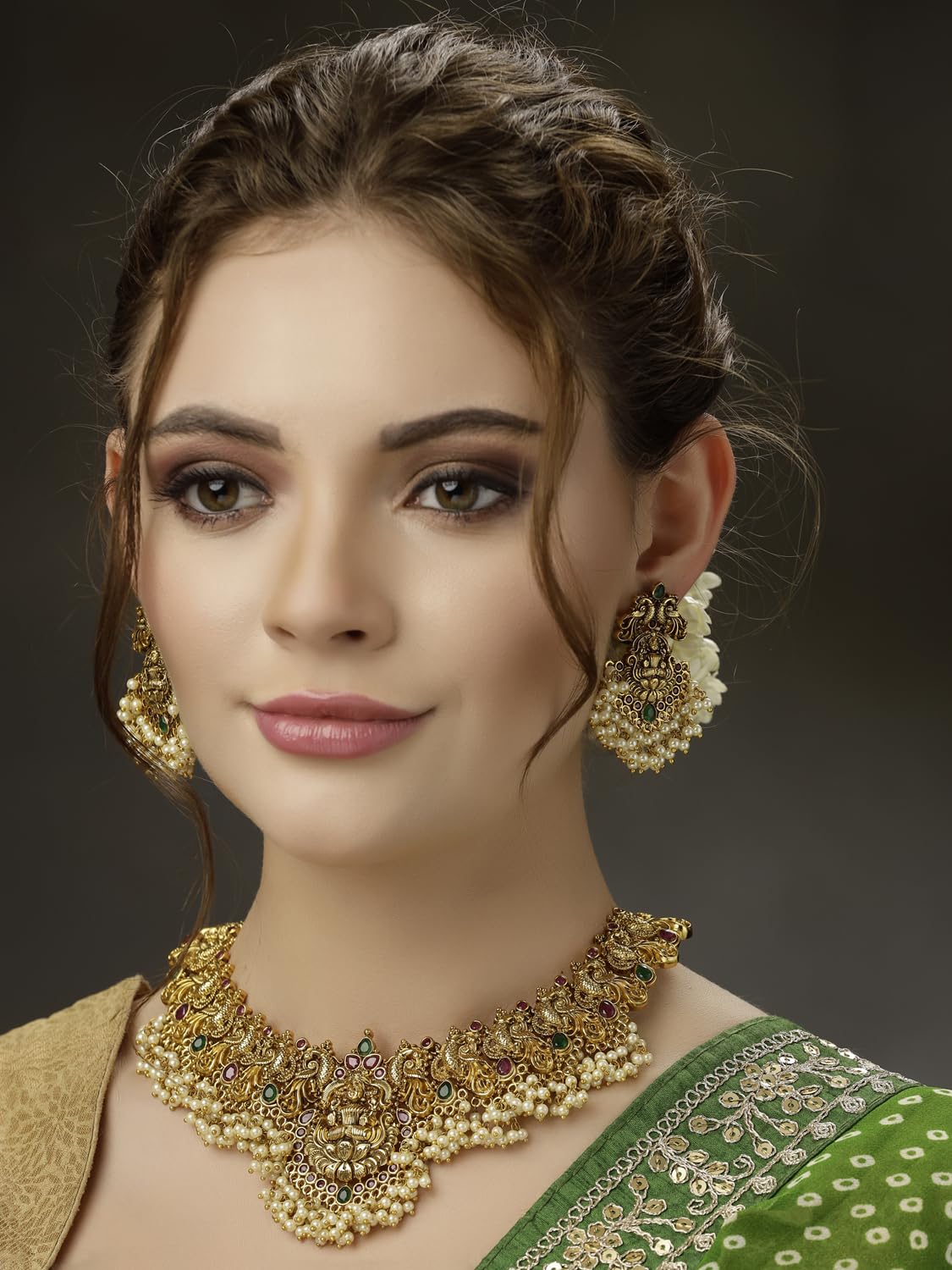 Royal Ethnic | Women's Pearl Choker Temple Necklace Set | 22k Gold Plated | Traditional Festive Wear | Wedding Style - Royal Ethnic