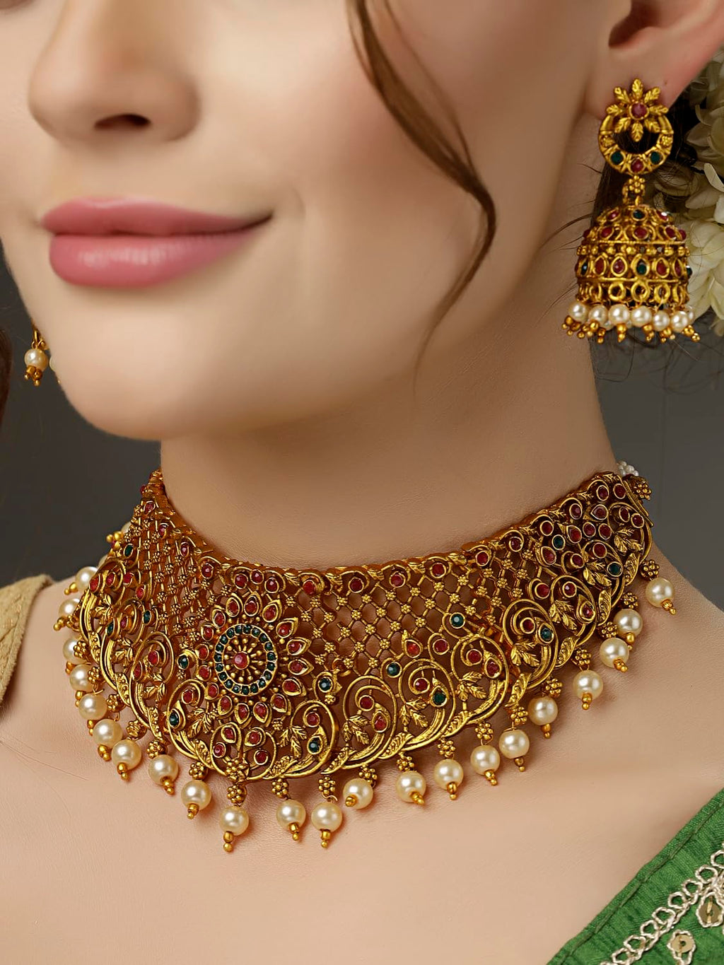 Royal Ethnic | Women's Pearl Choker Temple Necklace Set | 22k Gold Plated | Traditional Festive Wear | Wedding Style - Royal Ethnic