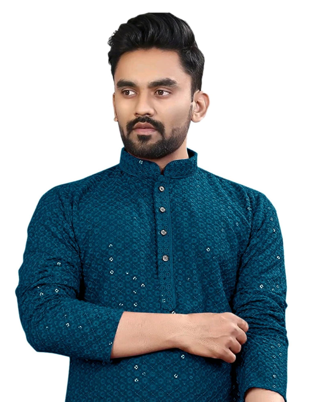 Royal Ethnic | Men's Straight Lucknowi Kurta | Indian Ethnic Wear | Embroidered Cotton | Full Sleeves | Regular Fit - Royal Ethnic