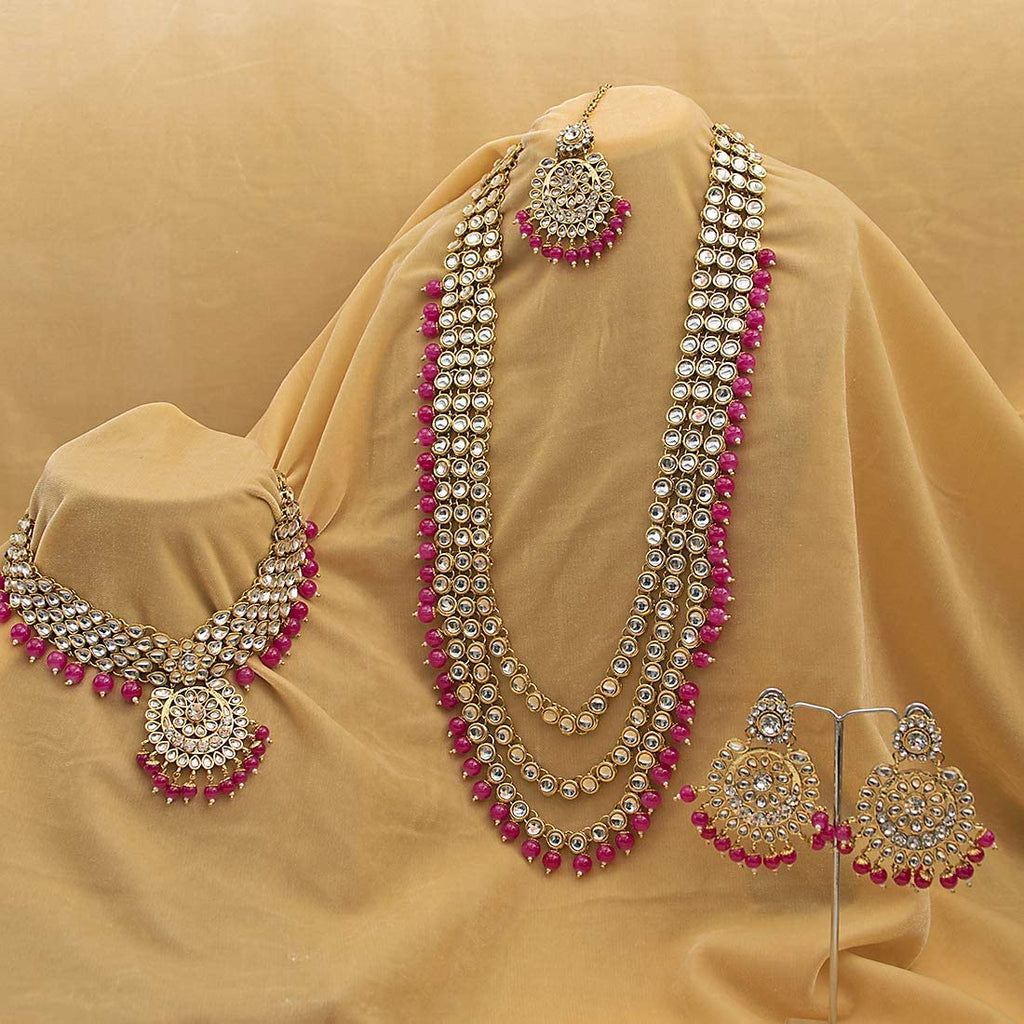 Royal Ethnic Traditional 18K Gold Plated Kundan & Pearl Studded Bridal Choker Necklace Set with Earrings & Maang Tikka - Royal Ethnic