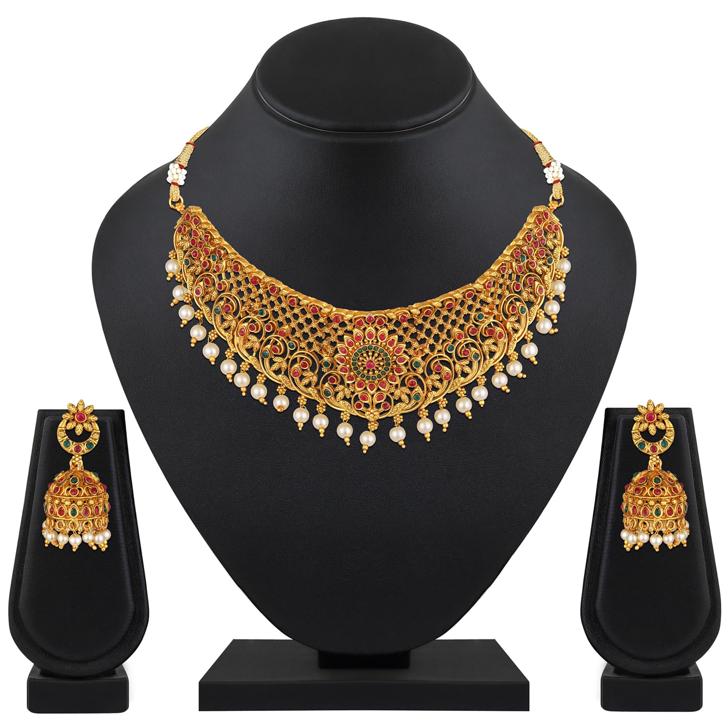 Royal Ethnic | Women's Pearl Choker Temple Necklace Set | 22k Gold Plated | Traditional Festive Wear | Wedding Style - Royal Ethnic