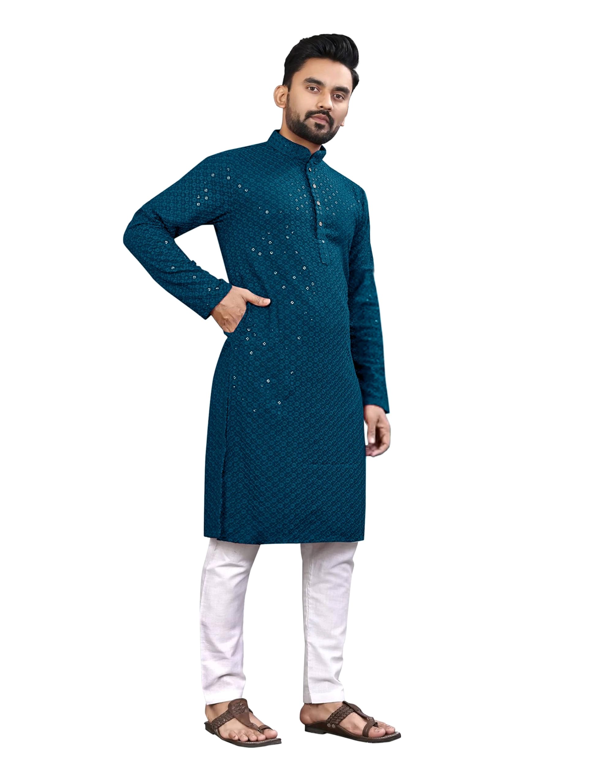 Royal Ethnic | Men's Straight Lucknowi Kurta | Indian Ethnic Wear | Embroidered Cotton | Full Sleeves | Regular Fit - Royal Ethnic
