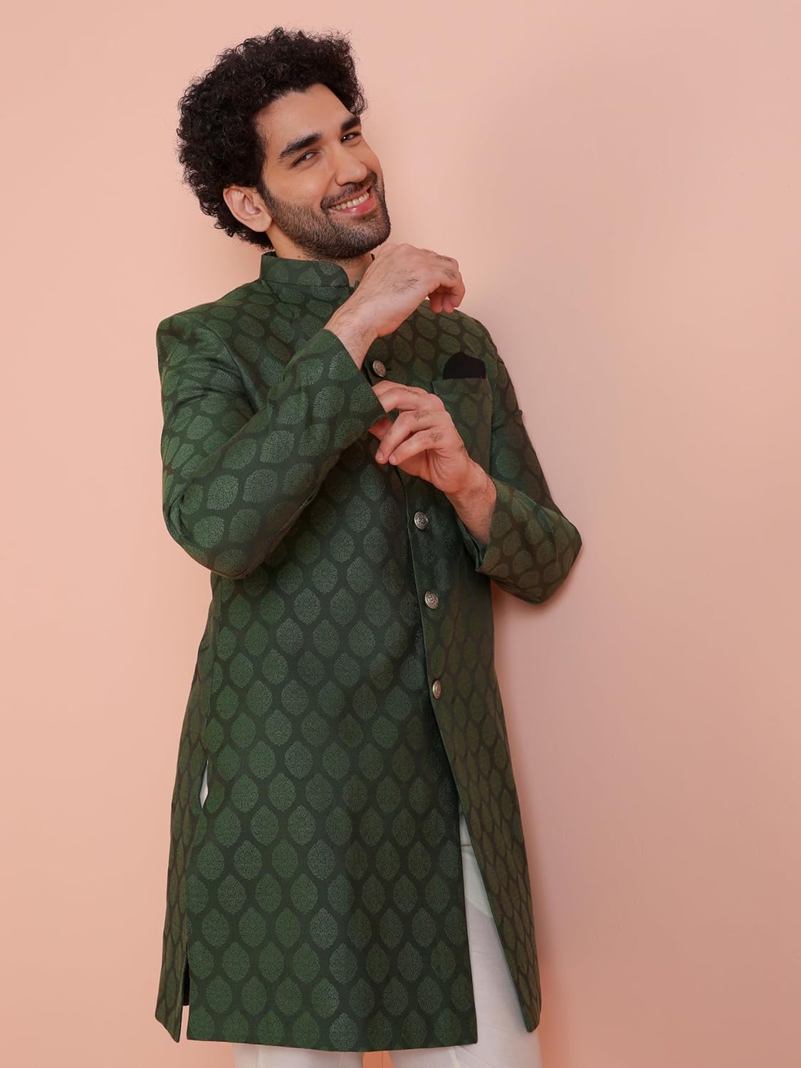 Royal Ethnics | Men's Indo-Western Sherwani Trouser Set | Olive Silk Blend | Woven Design | Regular Fit | Long Sleeve - Royal Ethnic