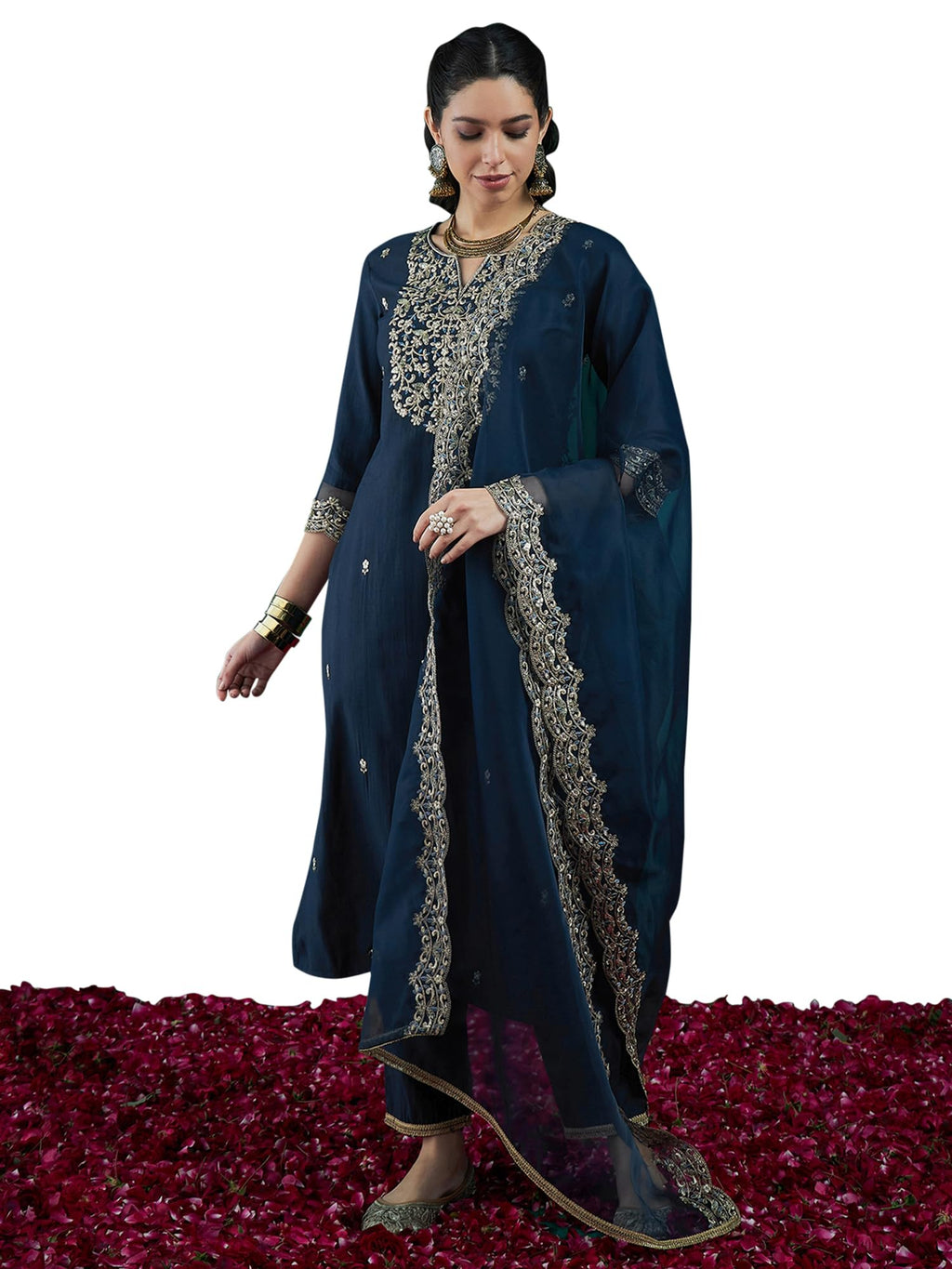 Royal Ethnic | Women's Viscose Embroidered Kurta Pant Dupatta Set | Straight Fit | 3/4 Sleeves | Festive & Elegant Wear