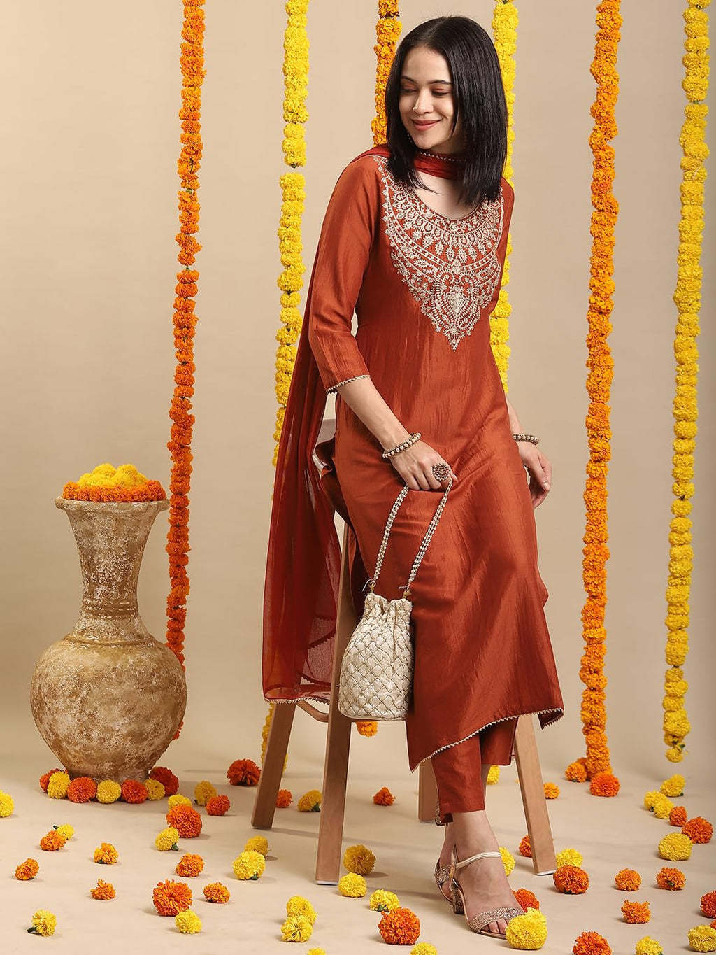 Royal Ethnic Womens Rayon Viscose Embroidered Straight Kurta with Pant Dupatta Elegant Designer Ethnic Festive Outfit Look