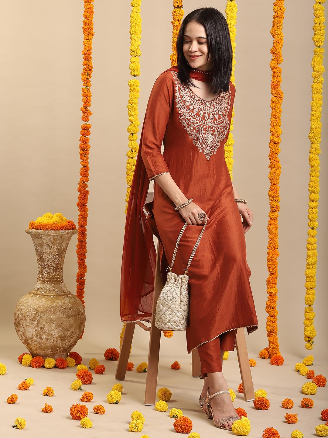 Royal Ethnic Womens Rayon Viscose Embroidered Straight Kurta with Pant Dupatta Elegant Designer Ethnic Festive Outfit Look