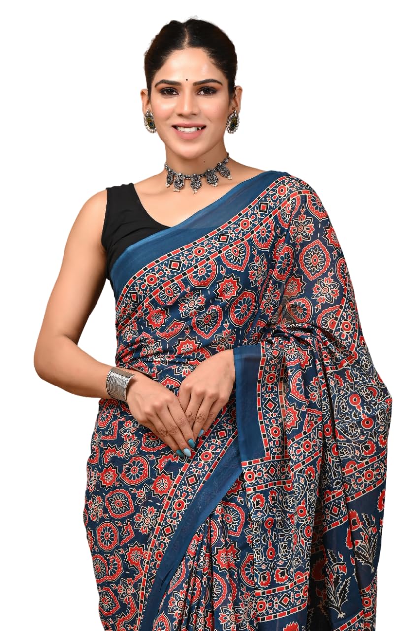 Royal Ethnic Hand Block Ajrakh Print Cotton Saree for Women with Blouse | Soft Comfortable Wear Sari - Royal Ethnic