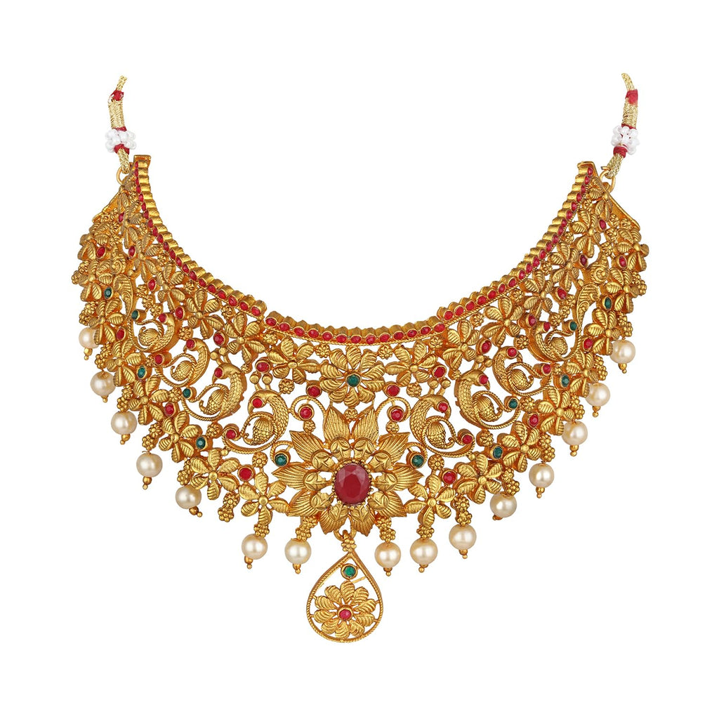Royal Ethnic | Women's Pearl Choker Temple Necklace Set | 22k Gold Plated | Traditional Festive Wear | Wedding Style - Royal Ethnic