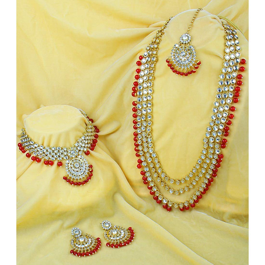 Royal Ethnic Traditional 18K Gold Plated Kundan & Pearl Studded Bridal Choker Necklace Set with Earrings & Maang Tikka - Royal Ethnic