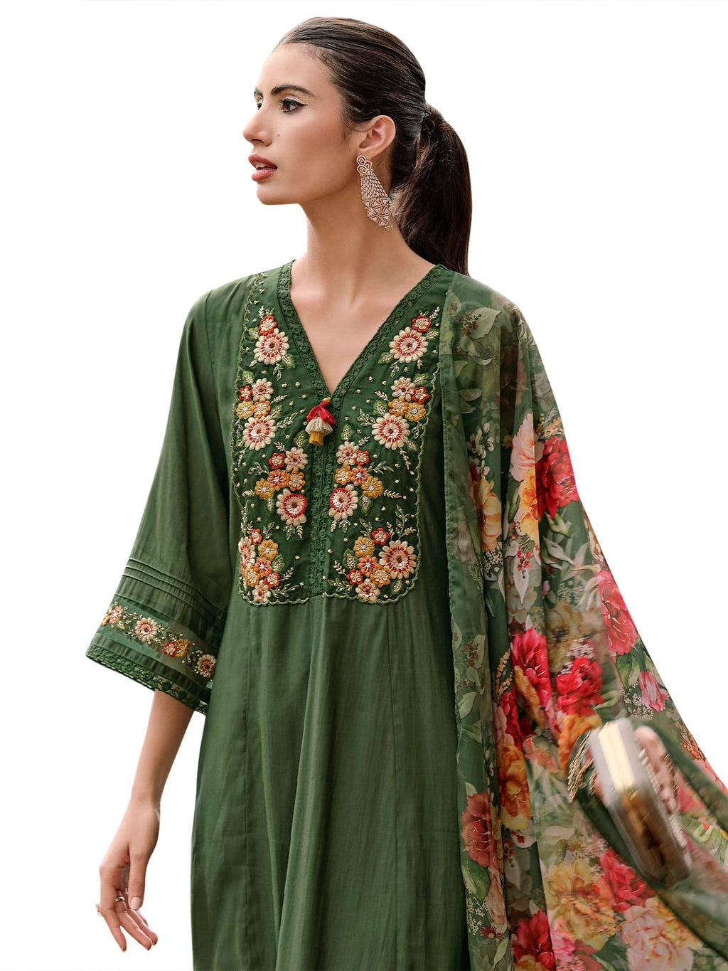 Royal Ethnic Womens Silk Blend Embroidered A Line Kurta Pant with Dupatta Set Stylish Festive Designer Party Wear Outfit