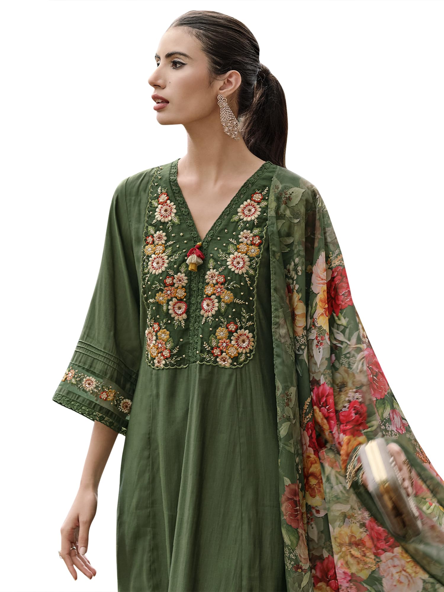 Royal Ethnic Womens Silk Blend Embroidered A Line Kurta Pant with Dupatta Set Stylish Festive Designer Party Wear Outfit