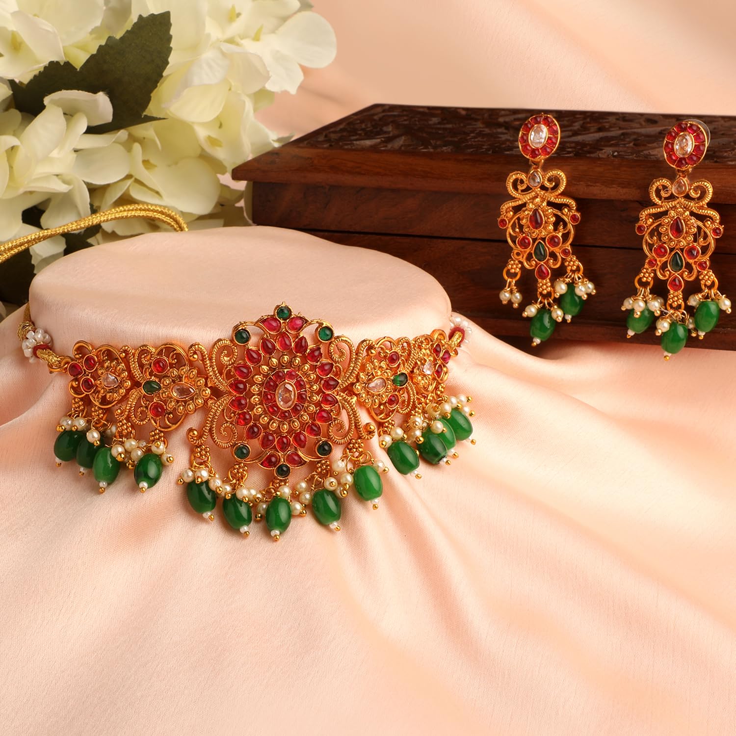 Royal Ethnic | Women's Pearl Choker Temple Necklace Set | 22k Gold Plated | Traditional Festive Wear | Wedding Style - Royal Ethnic