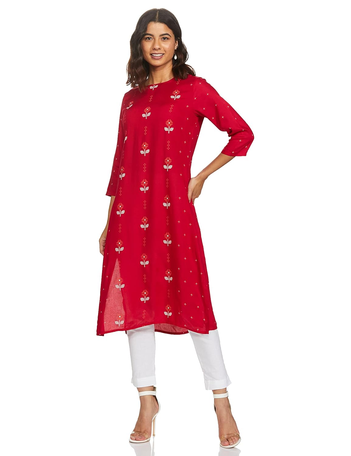 Max Women's Rayon Straight Fit Straight Printed Three-Quarter Sleeves Kurta