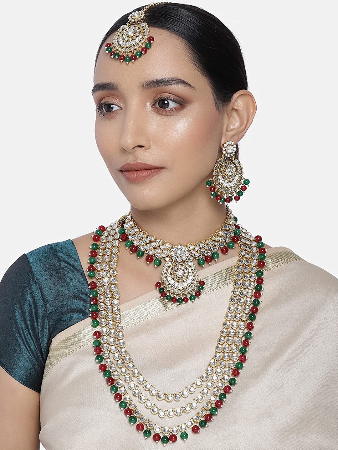 Royal Ethnic Traditional 18K Gold Plated Kundan & Pearl Studded Bridal Choker Necklace Set with Earrings & Maang Tikka - Royal Ethnic