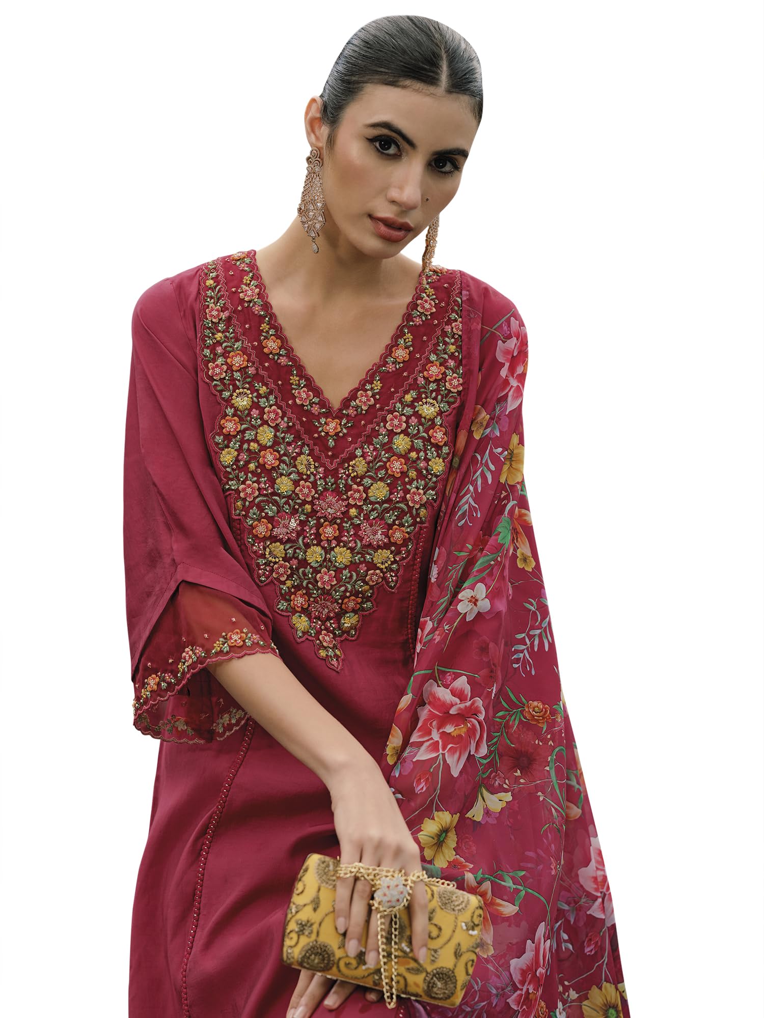 Royal Ethnic Womens Silk Blend Embroidered A Line Kurta Pant with Dupatta Set Stylish Festive Designer Party Wear Outfit