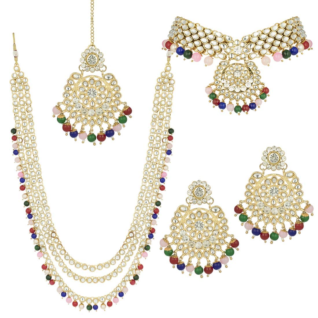 Royal Ethnic Traditional 18K Gold Plated Kundan & Pearl Studded Bridal Choker Necklace Set with Earrings & Maang Tikka - Royal Ethnic