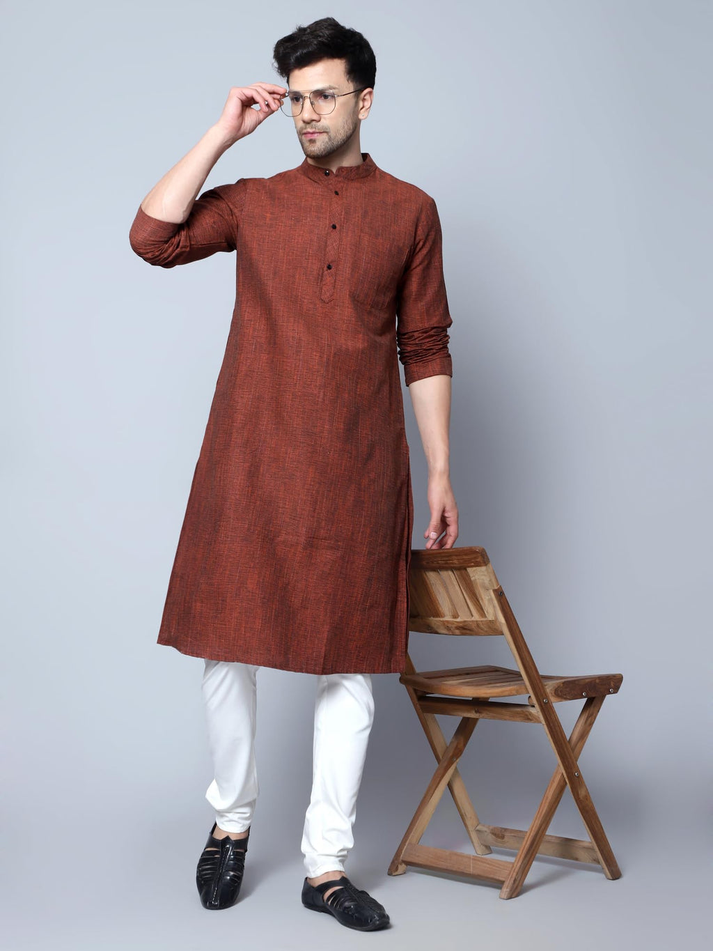 Royal Ethnic | Men's Cotton Textured Long Kurta | Full Sleeves | Regular Fit | Casual Ethnic Wear | Contemporary Charm - Royal Ethnic