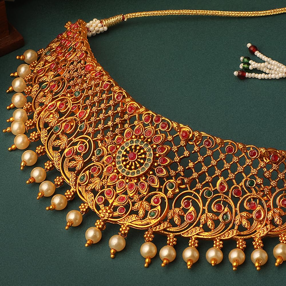 Royal Ethnic | Women's Pearl Choker Temple Necklace Set | 22k Gold Plated | Traditional Festive Wear | Wedding Style - Royal Ethnic