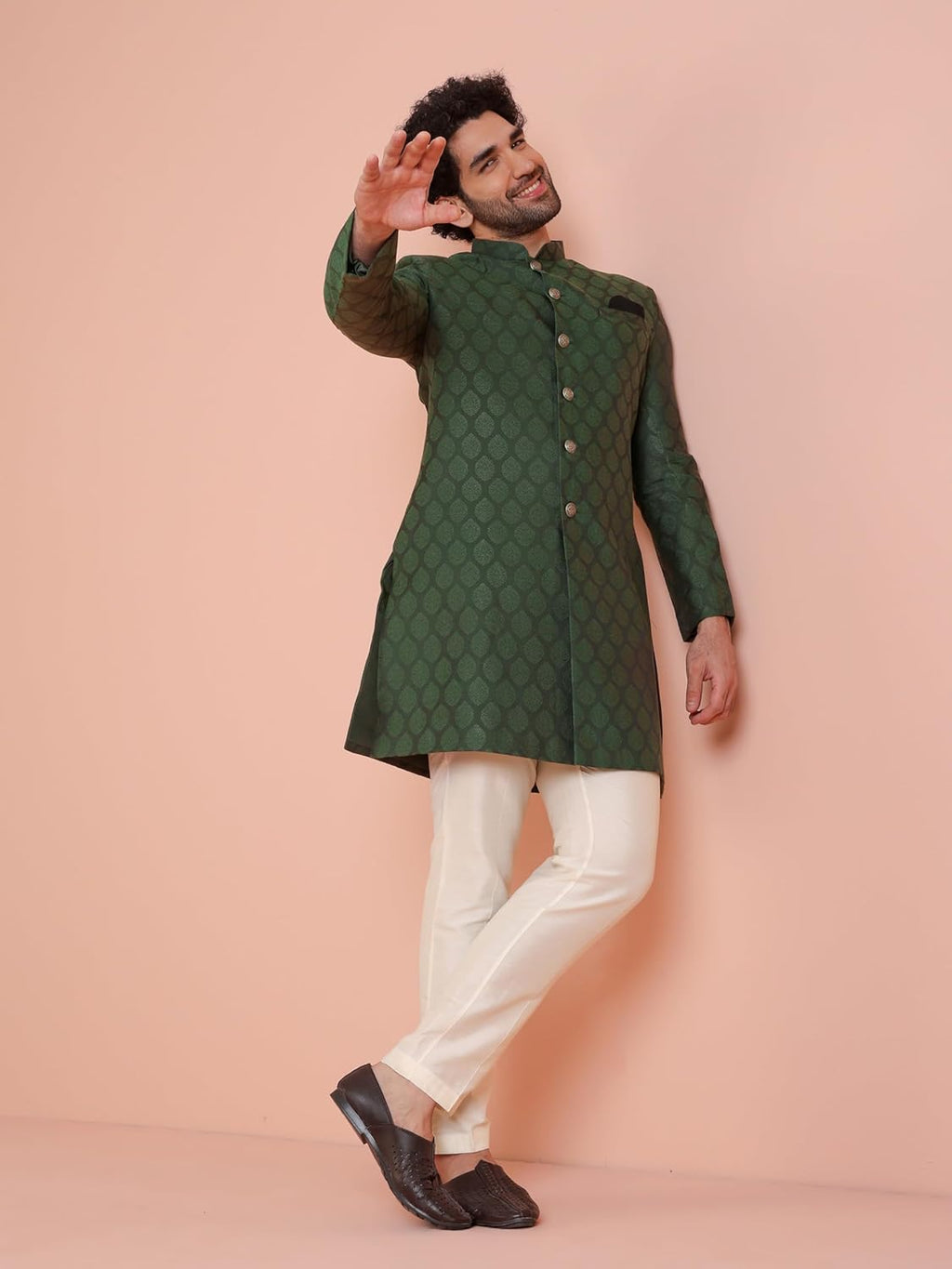Royal Ethnics | Men's Indo-Western Sherwani Trouser Set | Olive Silk Blend | Woven Design | Regular Fit | Long Sleeve - Royal Ethnic