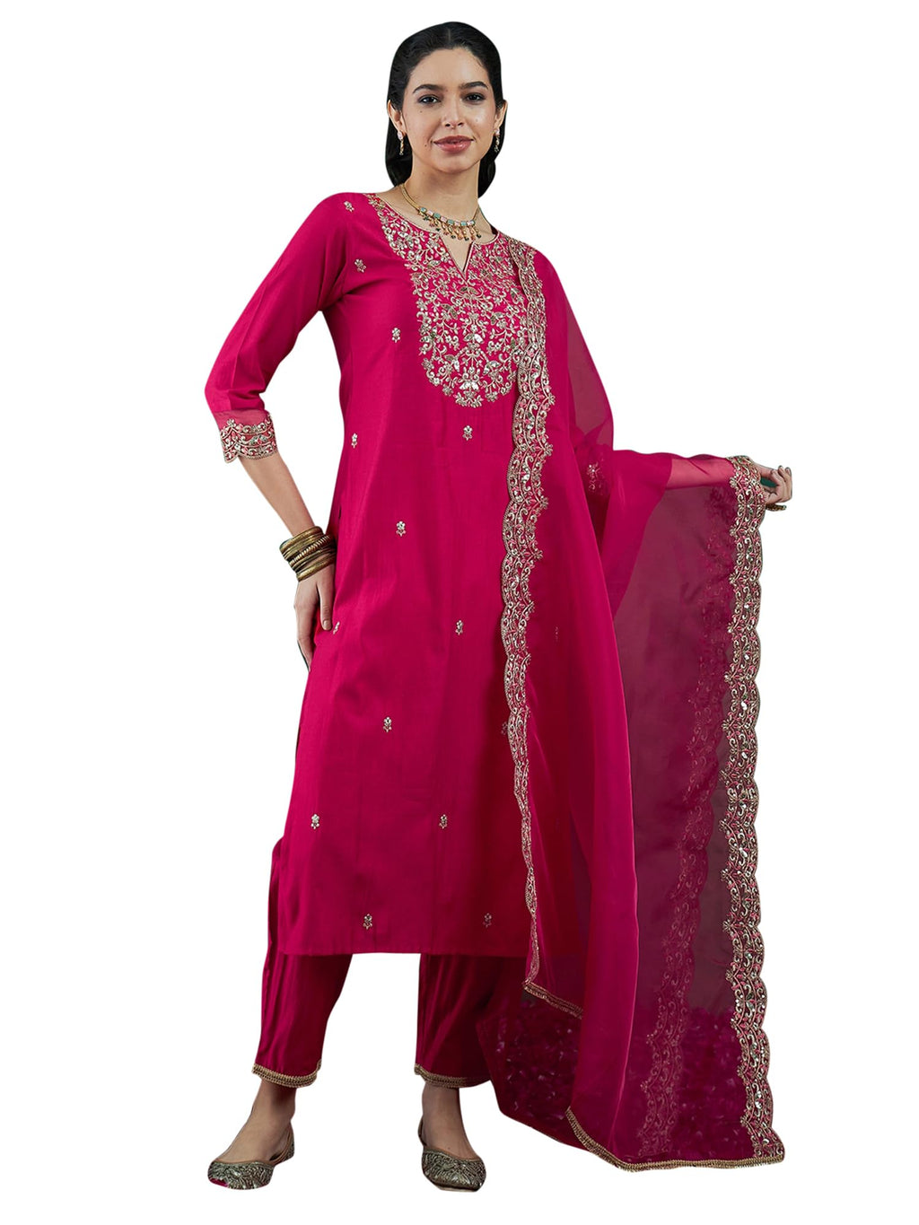 Royal Ethnic | Women's Viscose Embroidered Kurta Pant Dupatta Set | Straight Fit | 3/4 Sleeves | Festive & Elegant Wear