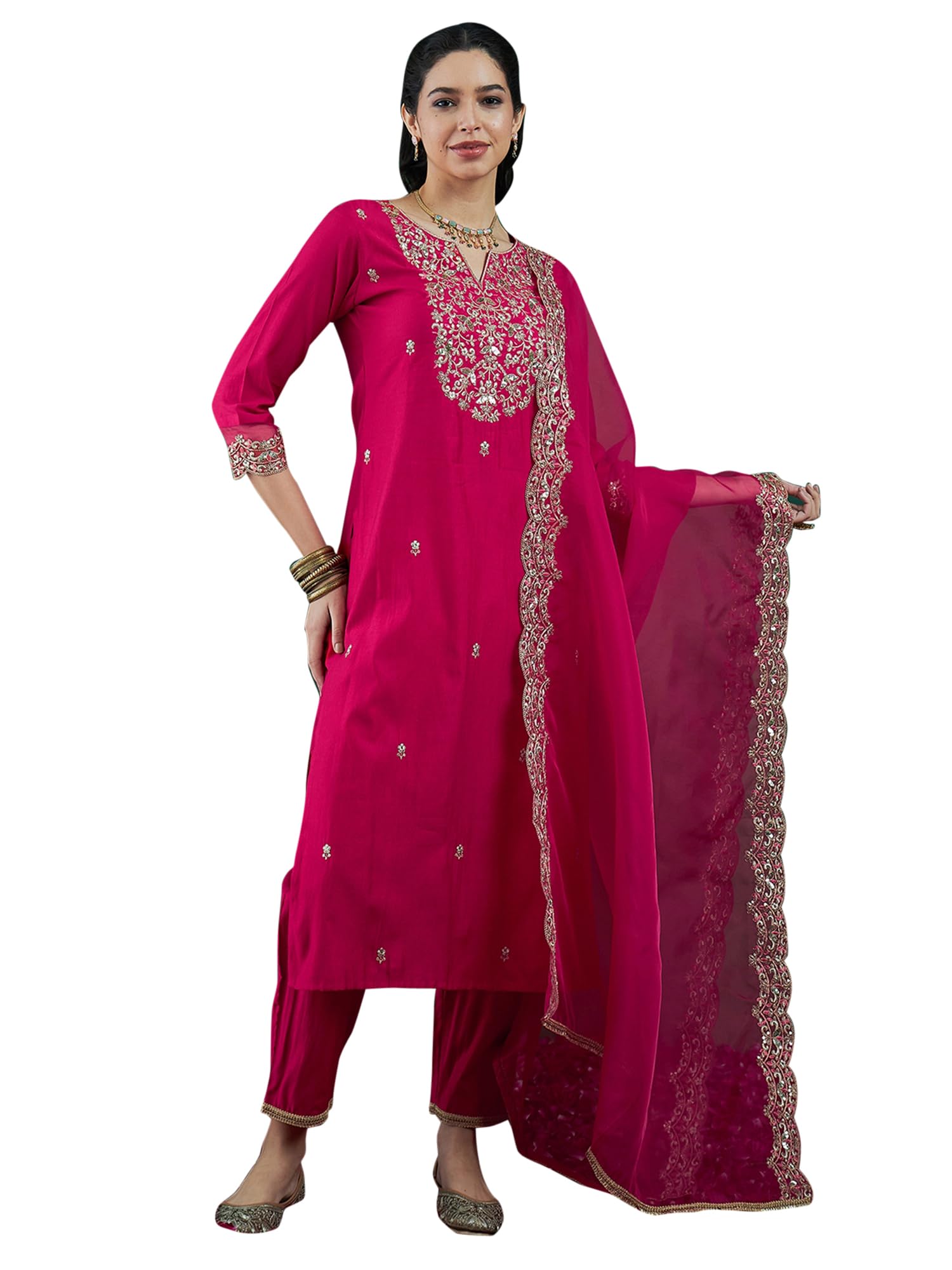 Royal Ethnic | Women's Viscose Embroidered Kurta Pant Dupatta Set | Straight Fit | 3/4 Sleeves | Festive & Elegant Wear