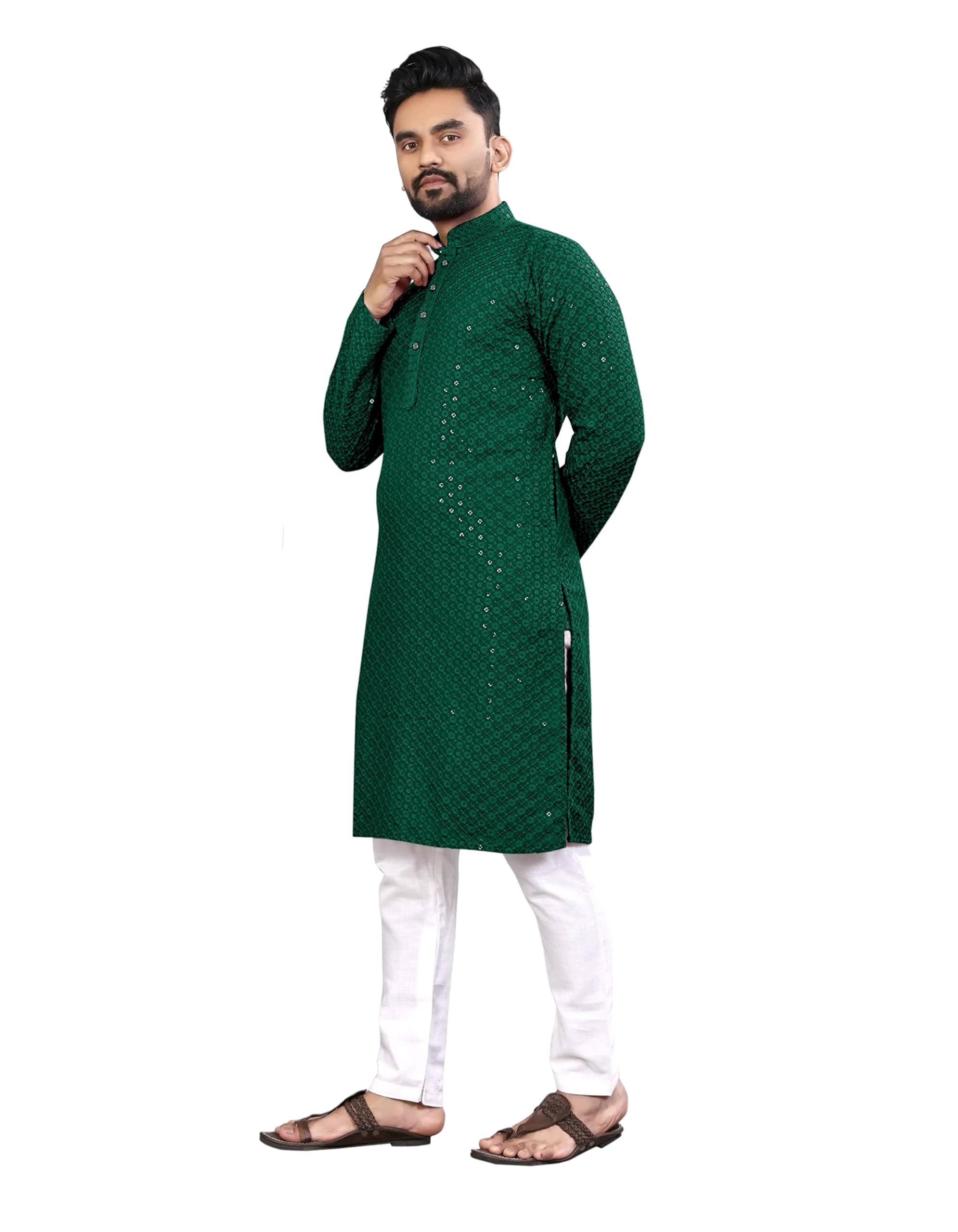 Royal Ethnic | Men's Straight Lucknowi Kurta | Indian Ethnic Wear | Embroidered Cotton | Full Sleeves | Regular Fit - Royal Ethnic
