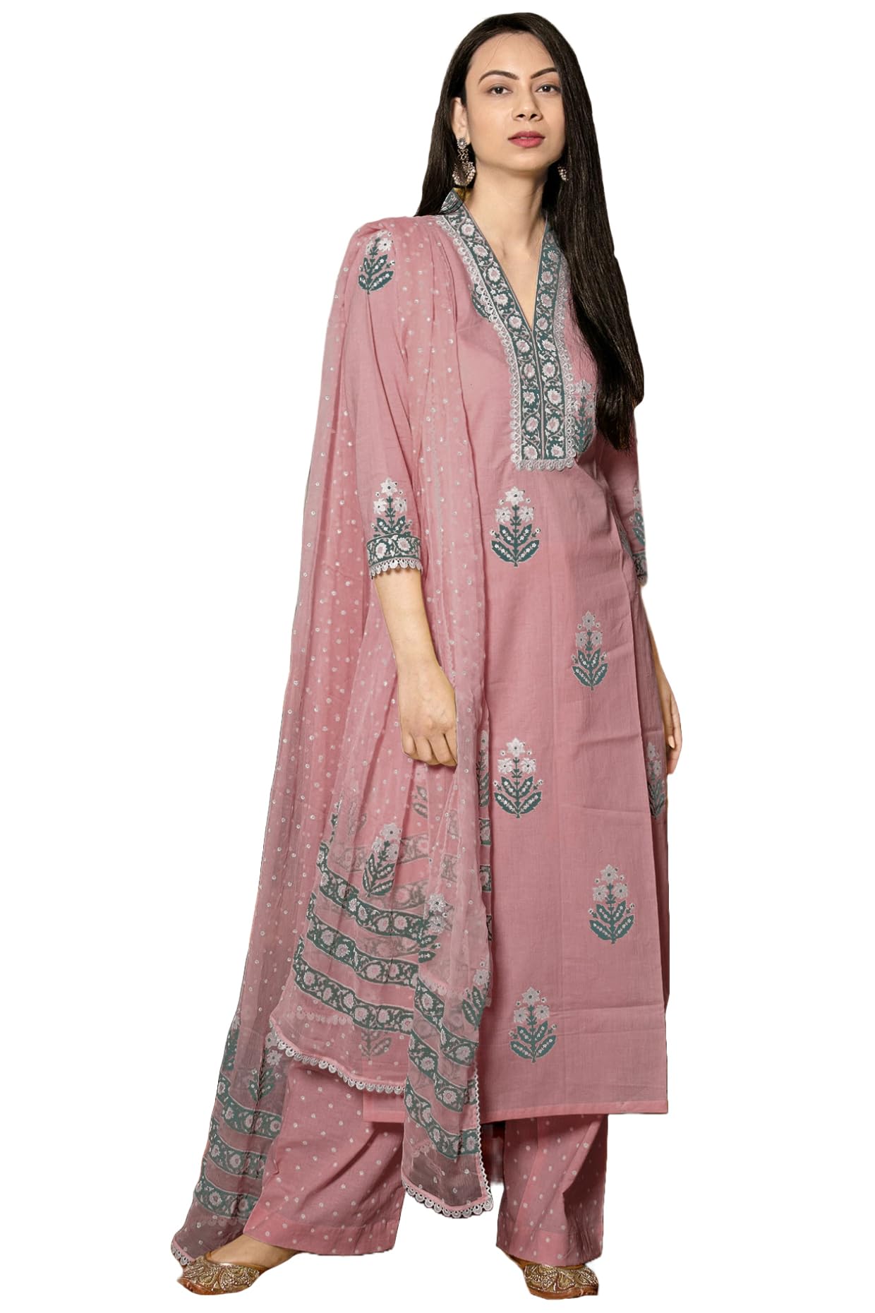 GoSriKi Women's Cotton Blend Straight Hand Block Printed Kurta with Pant & Dupatta