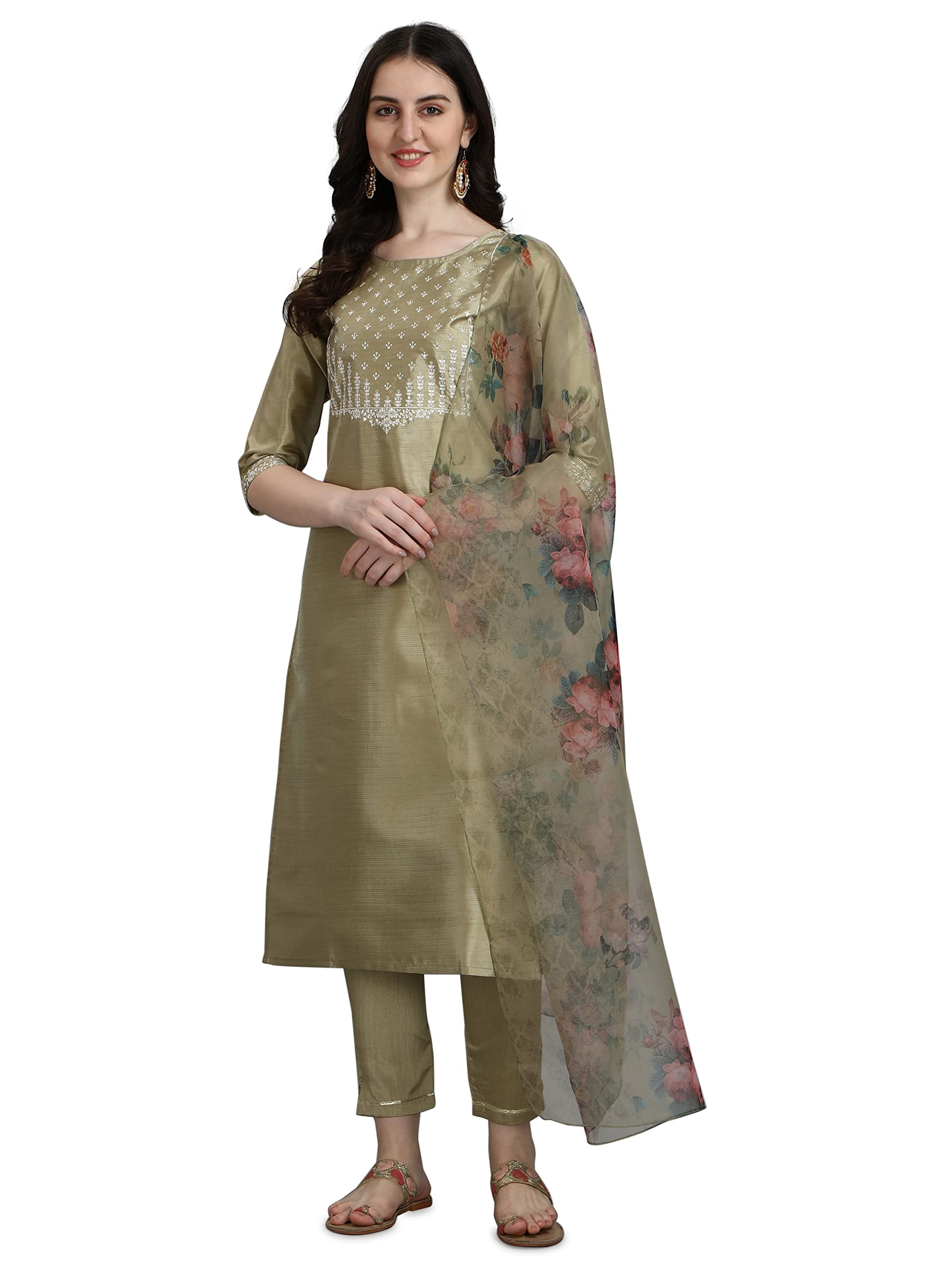 Royal Ethnic Women's Silk Blend Embroidered Straight Kurta Pant Set with Organza Dupatta | Exclusive Elegant Party Wear Suit