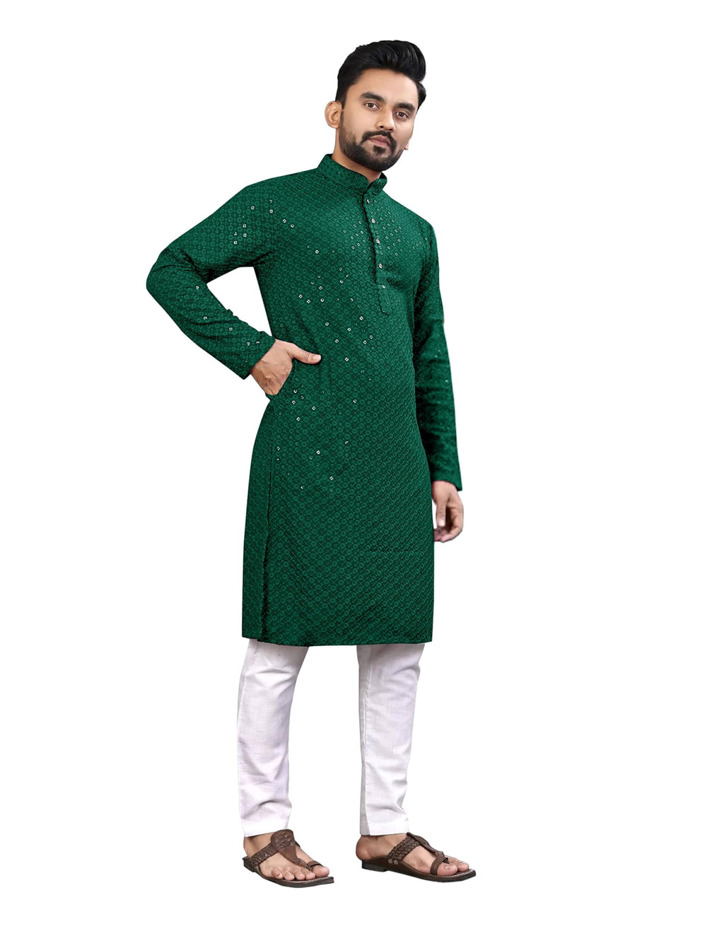 Royal Ethnic | Men's Straight Lucknowi Kurta | Indian Ethnic Wear | Embroidered Cotton | Full Sleeves | Regular Fit - Royal Ethnic