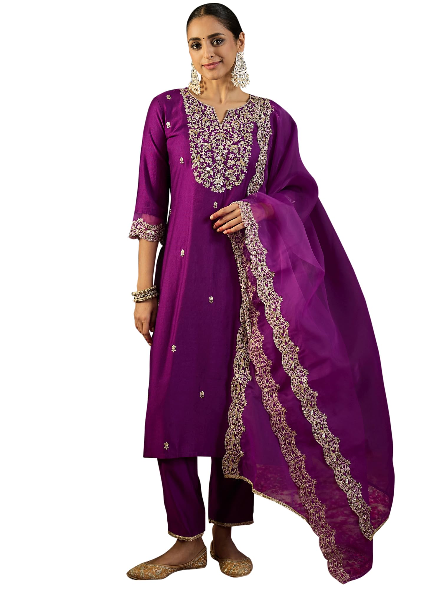 Royal Ethnic | Women's Viscose Embroidered Kurta Pant Dupatta Set | Straight Fit | 3/4 Sleeves | Festive & Elegant Wear