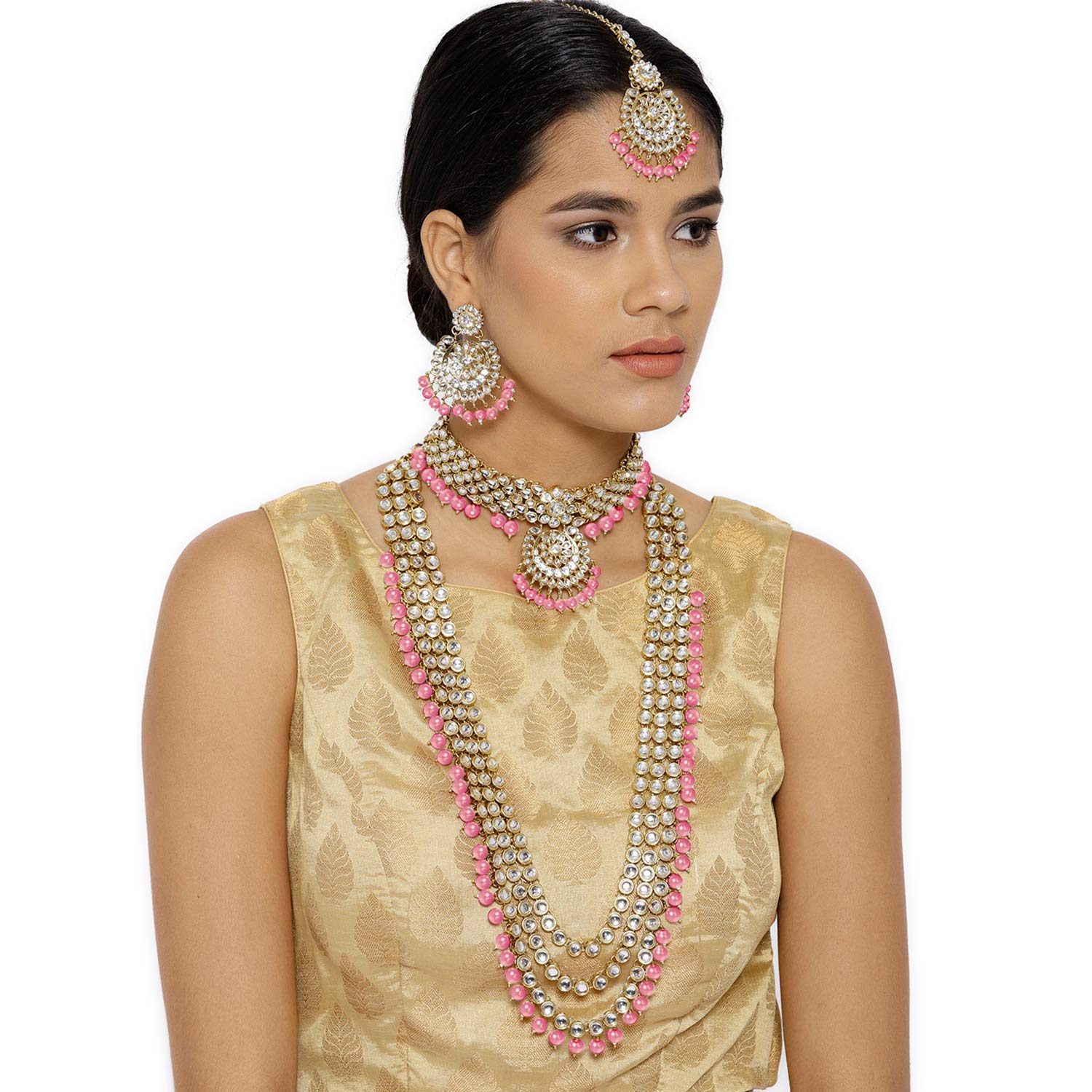 Royal Ethnic Traditional 18K Gold Plated Kundan & Pearl Studded Bridal Choker Necklace Set with Earrings & Maang Tikka - Royal Ethnic