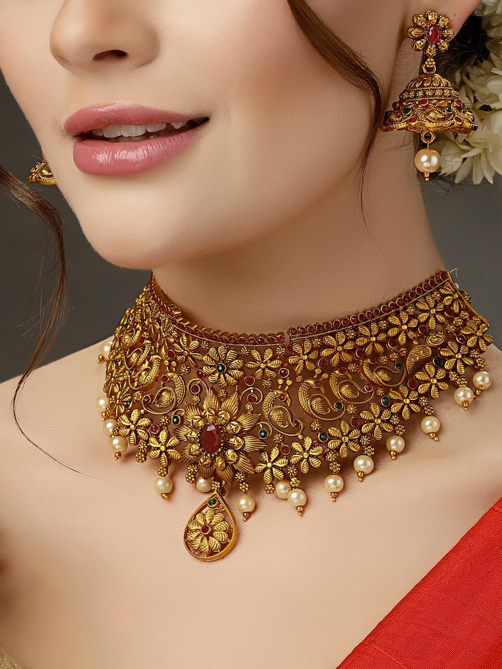Royal Ethnic | Women's Pearl Choker Temple Necklace Set | 22k Gold Plated | Traditional Festive Wear | Wedding Style - Royal Ethnic