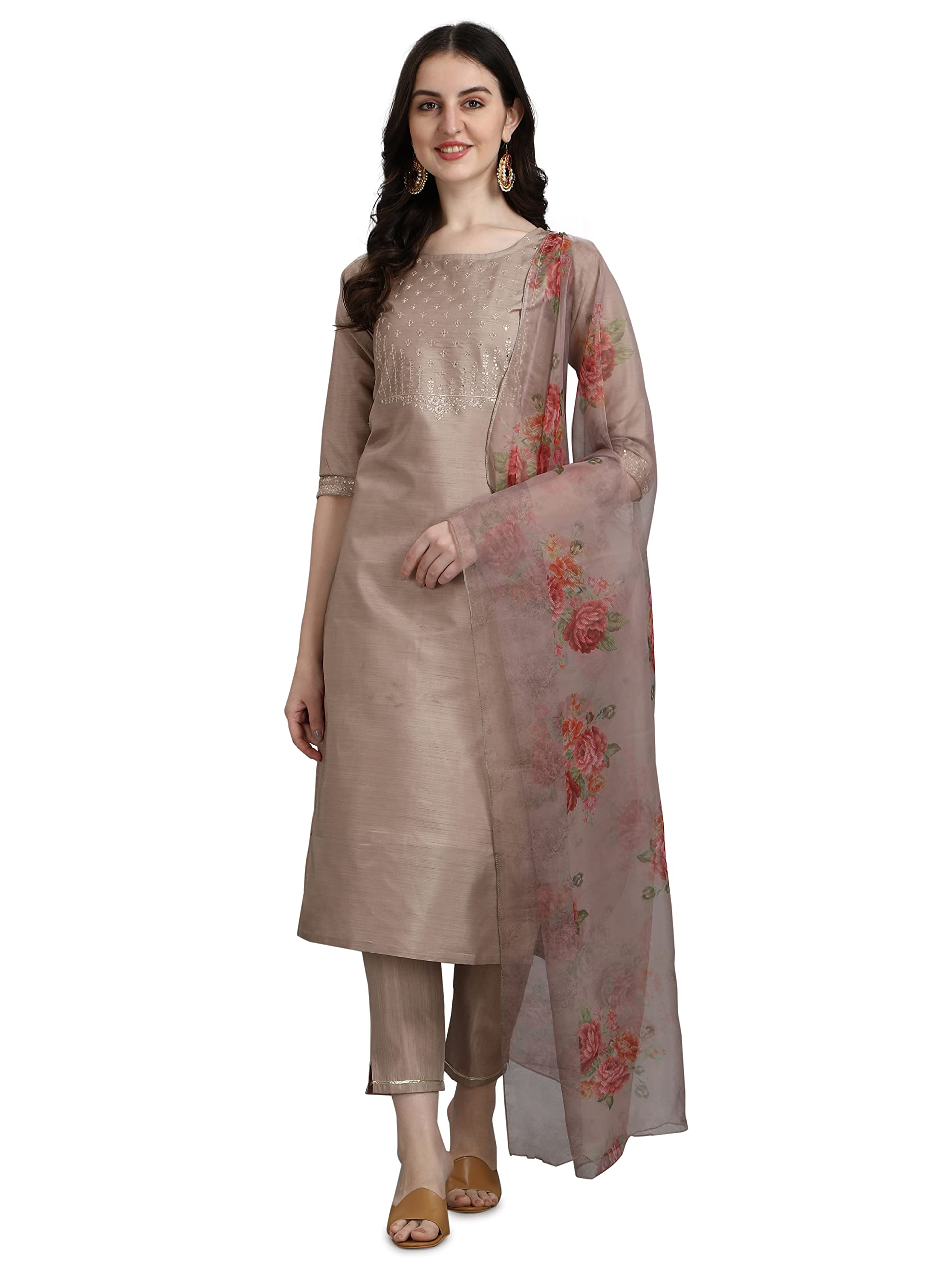 Royal Ethnic Women's Silk Blend Embroidered Straight Kurta Pant Set with Organza Dupatta | Exclusive Elegant Party Wear Suit
