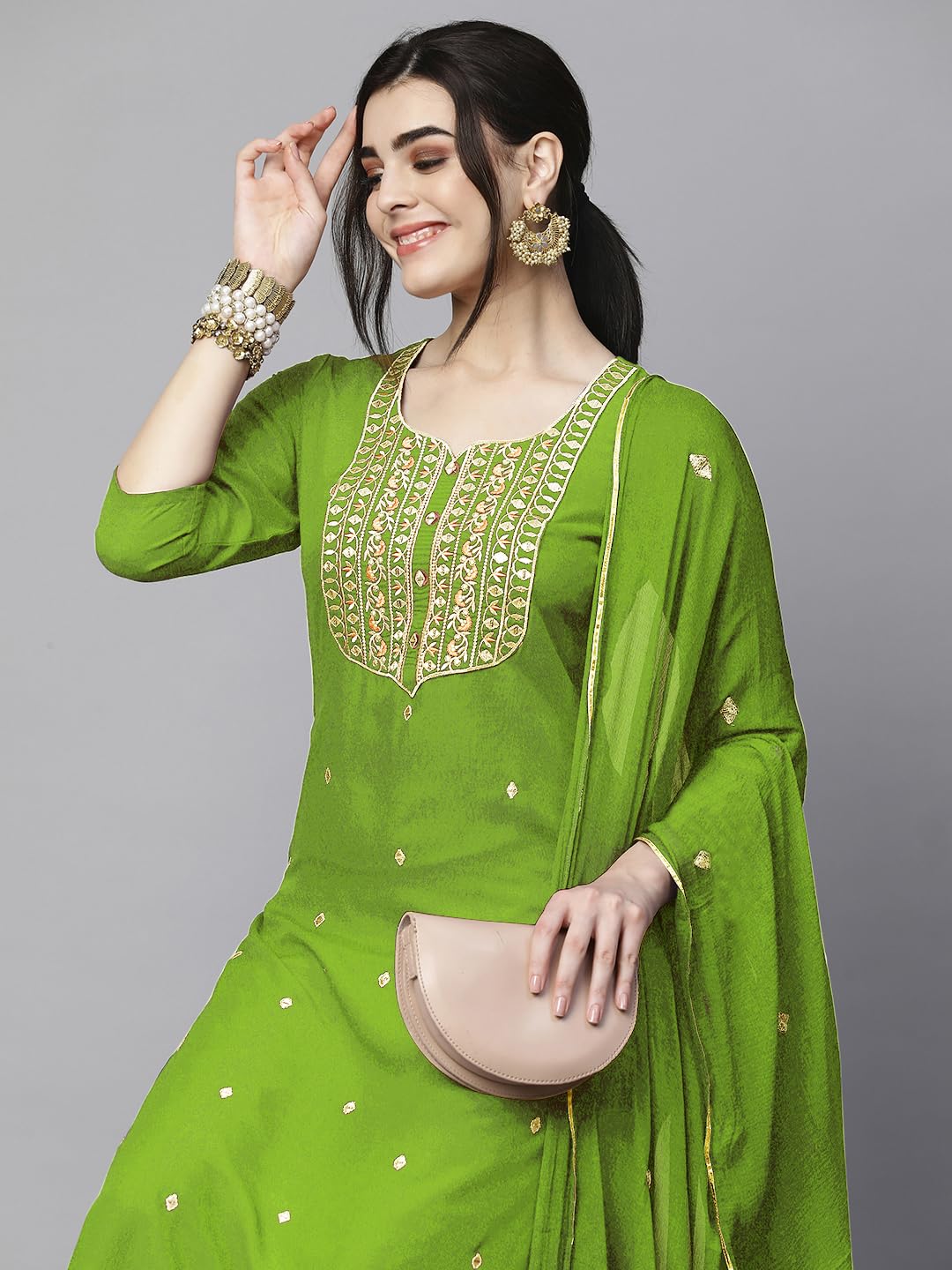 Royal Ethnic Womens Cotton Blend Embroidered Kurta Set with Pant Dupatta Elegants Calf Length Ethnic Outfit Dress - Royal Ethnic