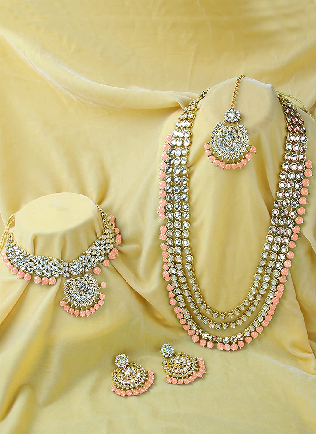 Royal Ethnic Traditional 18K Gold Plated Kundan & Pearl Studded Bridal Choker Necklace Set with Earrings & Maang Tikka - Royal Ethnic