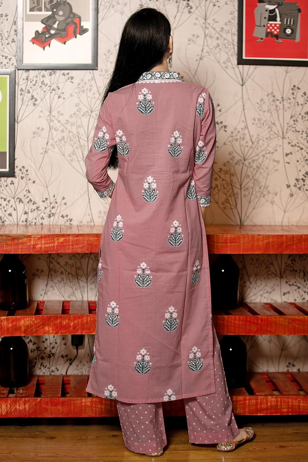 GoSriKi Women's Cotton Blend Straight Hand Block Printed Kurta with Pant & Dupatta