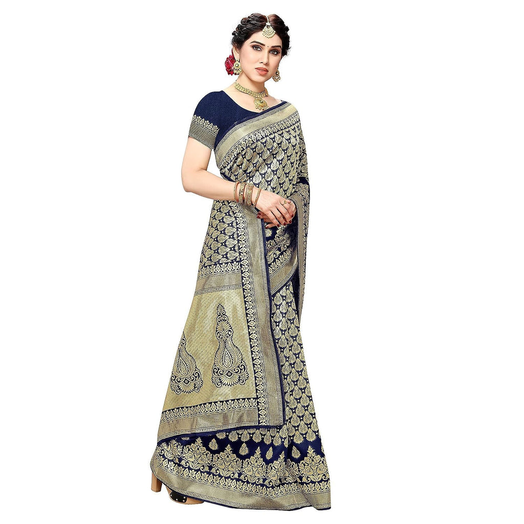 Royal Ethnic | Women's Banarasi Kanjivaram Art Silk Saree | Navy Blue | 5.25m Saree + 0.75m Blouse | Festive Elegance - Royal Ethnic