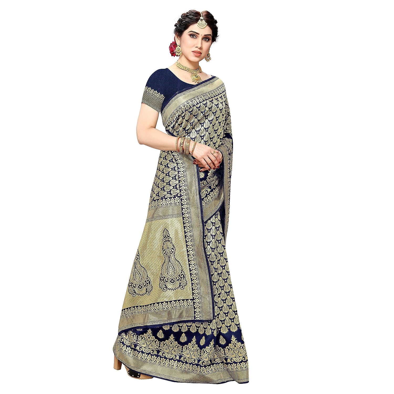 Royal Ethnic | Women's Banarasi Kanjivaram Art Silk Saree | Navy Blue | 5.25m Saree + 0.75m Blouse | Festive Elegance - Royal Ethnic